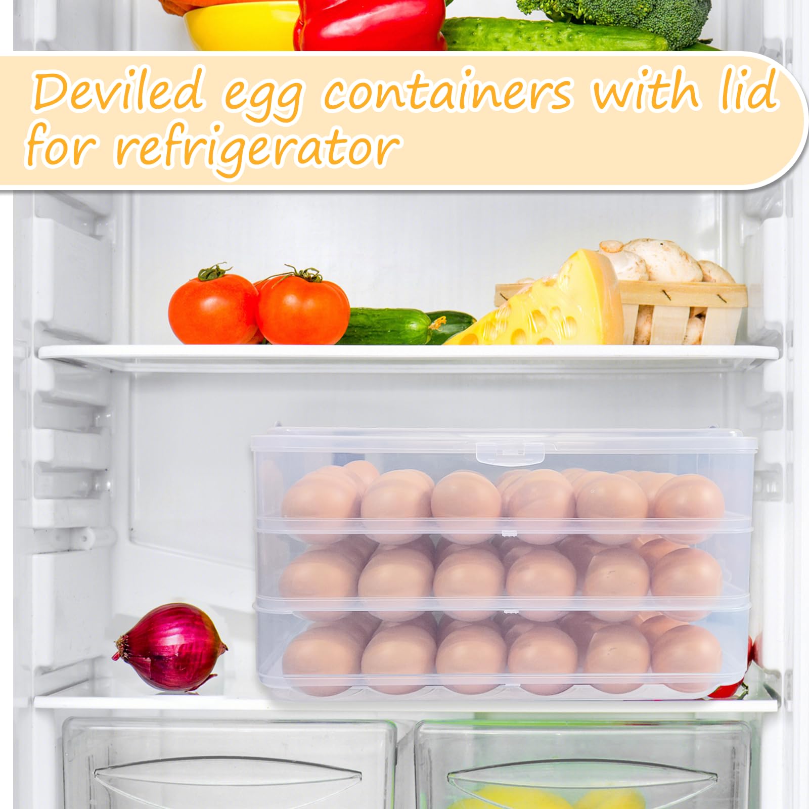 Jgalnim Bandejas de huevos rellenos de 3 capas con tapa, transportador de huevos de plástico para refrigerador con asa para 72 huevos, bandeja de almacenamiento transparente para huevos de diablo,