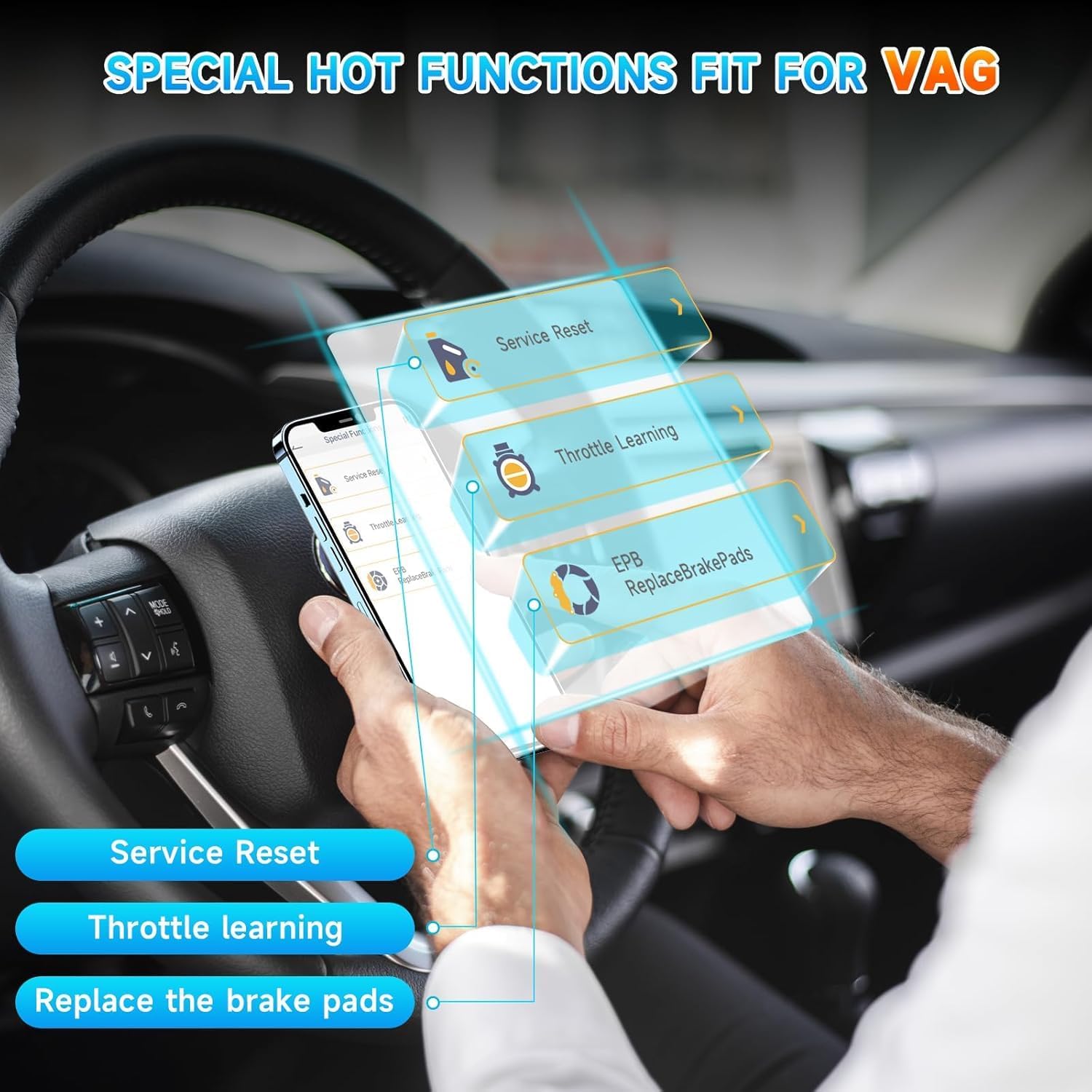 Smartphone app showing special functions for VAG vehicles