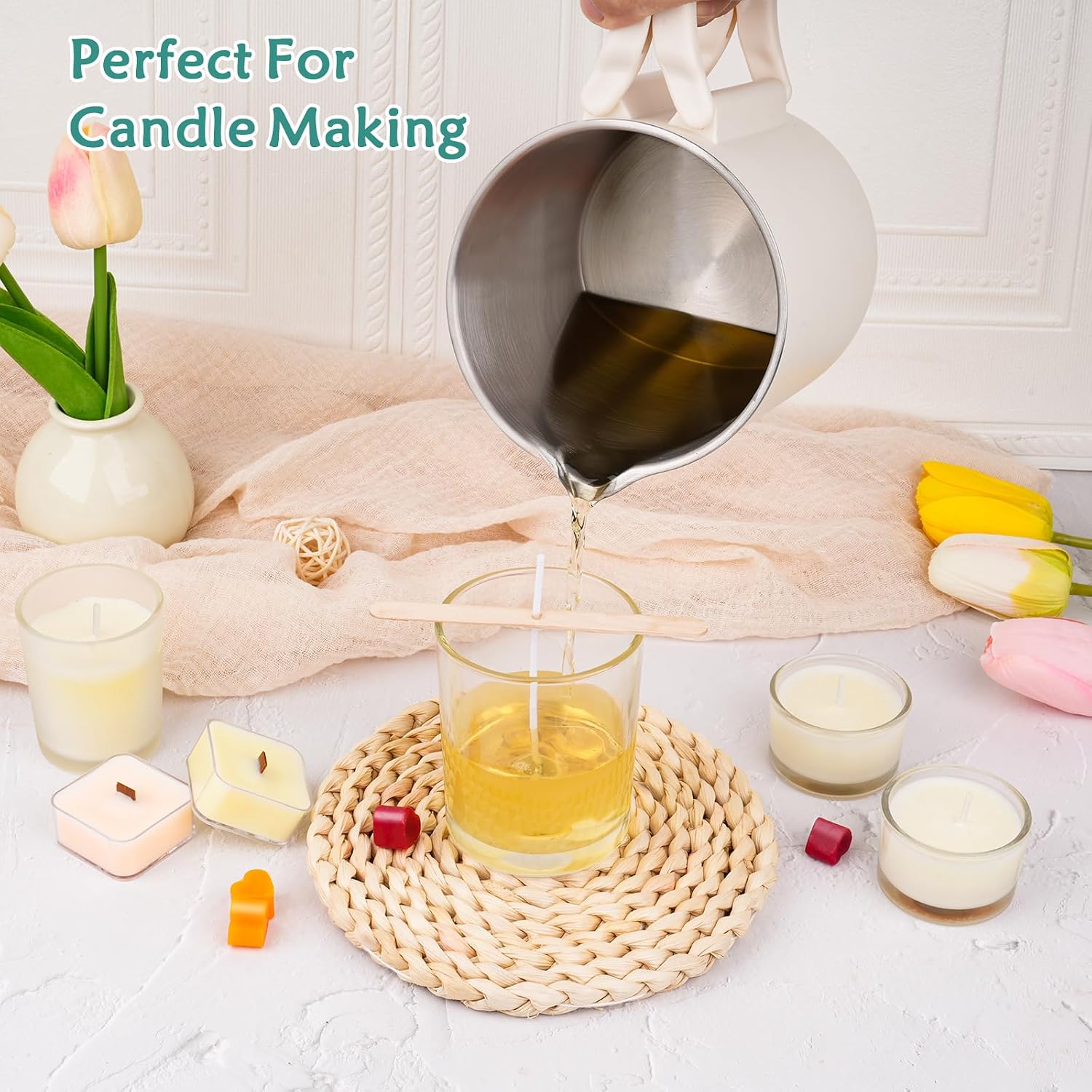 Wax Melter Kit for Candle Making, 1.8L 60OZ Large Candle Melting Pot, DIY Candle Making Supplies for Woman, Included Candle Wicks, Wick Stickers, Centering Device, Stirring Spoon