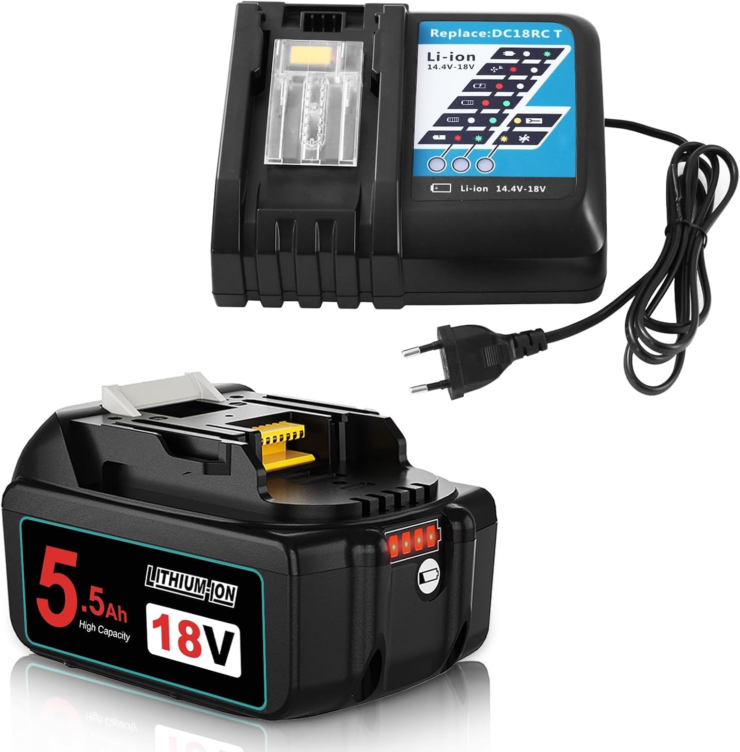 Batteria di ricambio per Makita 18V 5.5Ah+3A Caricabatterie per Makita 18V BL1850 BL1840 BL1830 BL1820 BL1815 e Caricabatterie DC18RA DC18RC DC18RD (Grigio)