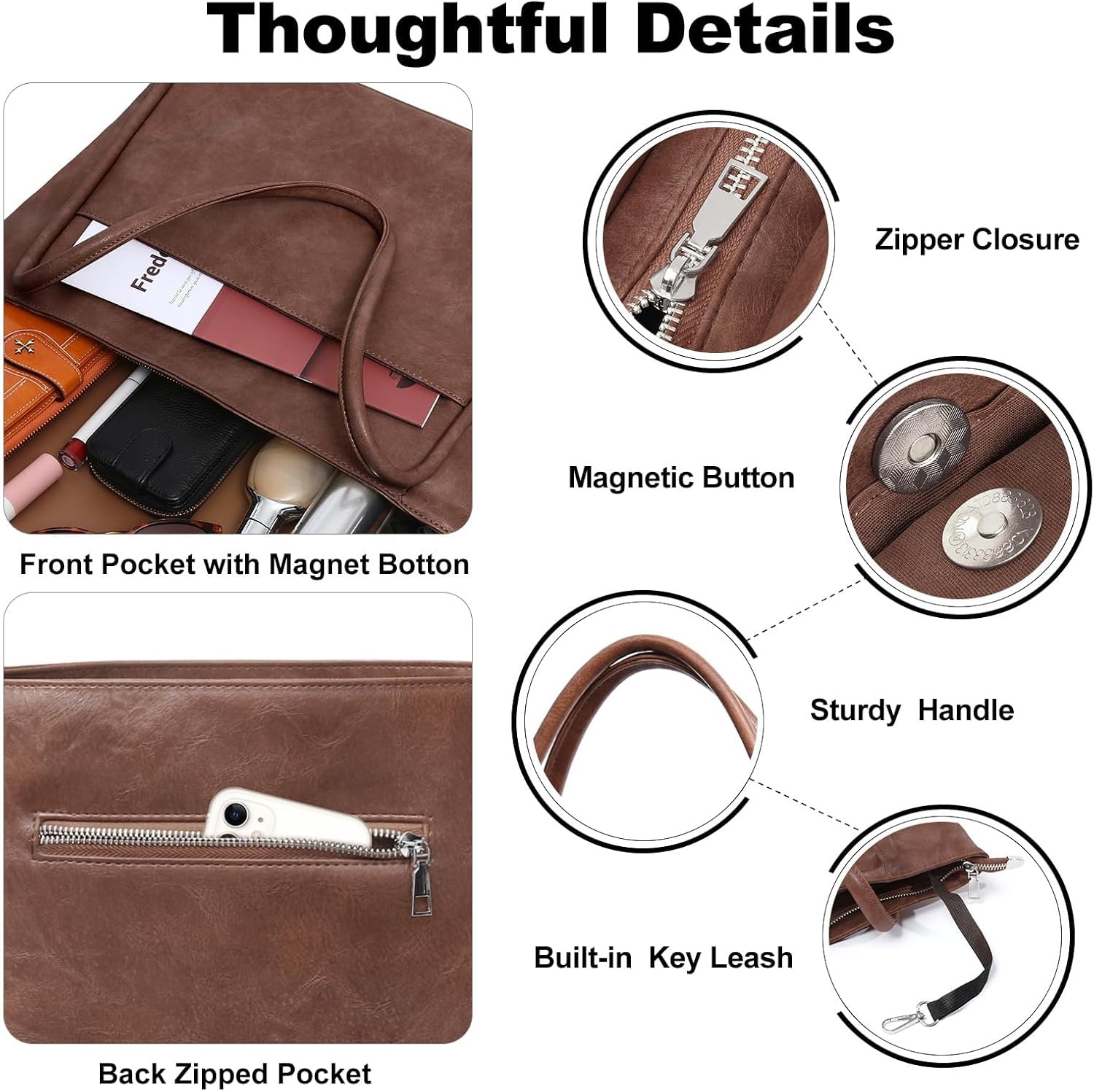 Large Tote Bag for Women Work with Zipper 16L Vegan Leather Ladies Travel Purses and Handbags Dark Brown - Image 4