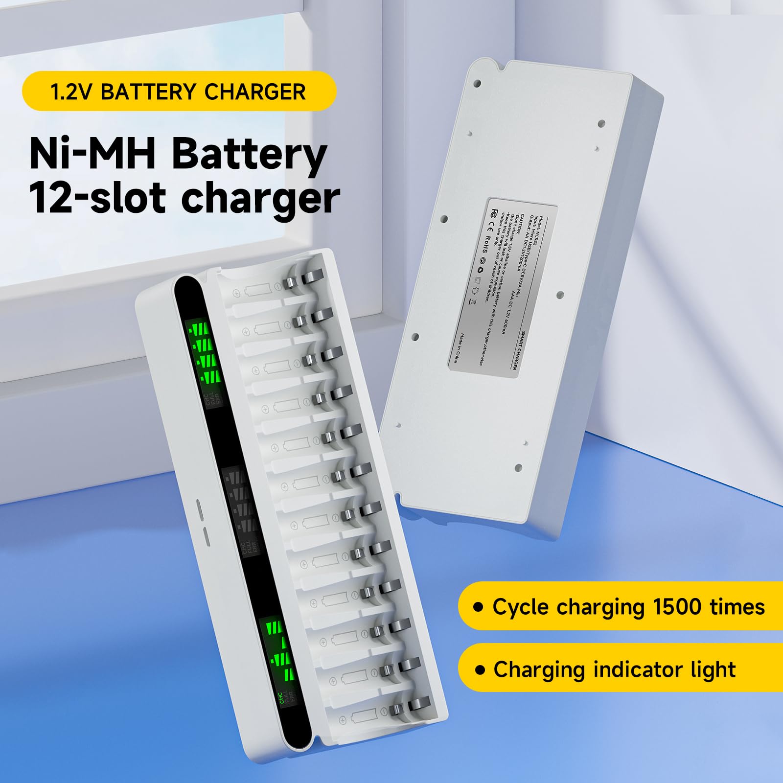 12 piles rechargeables 3000mAh AA avec chargeur, USB type-C 5v2A écran LCD chargeur rapide avec 12 emplacements pour piles rechargeables 1,2 V NiMH AA AAA