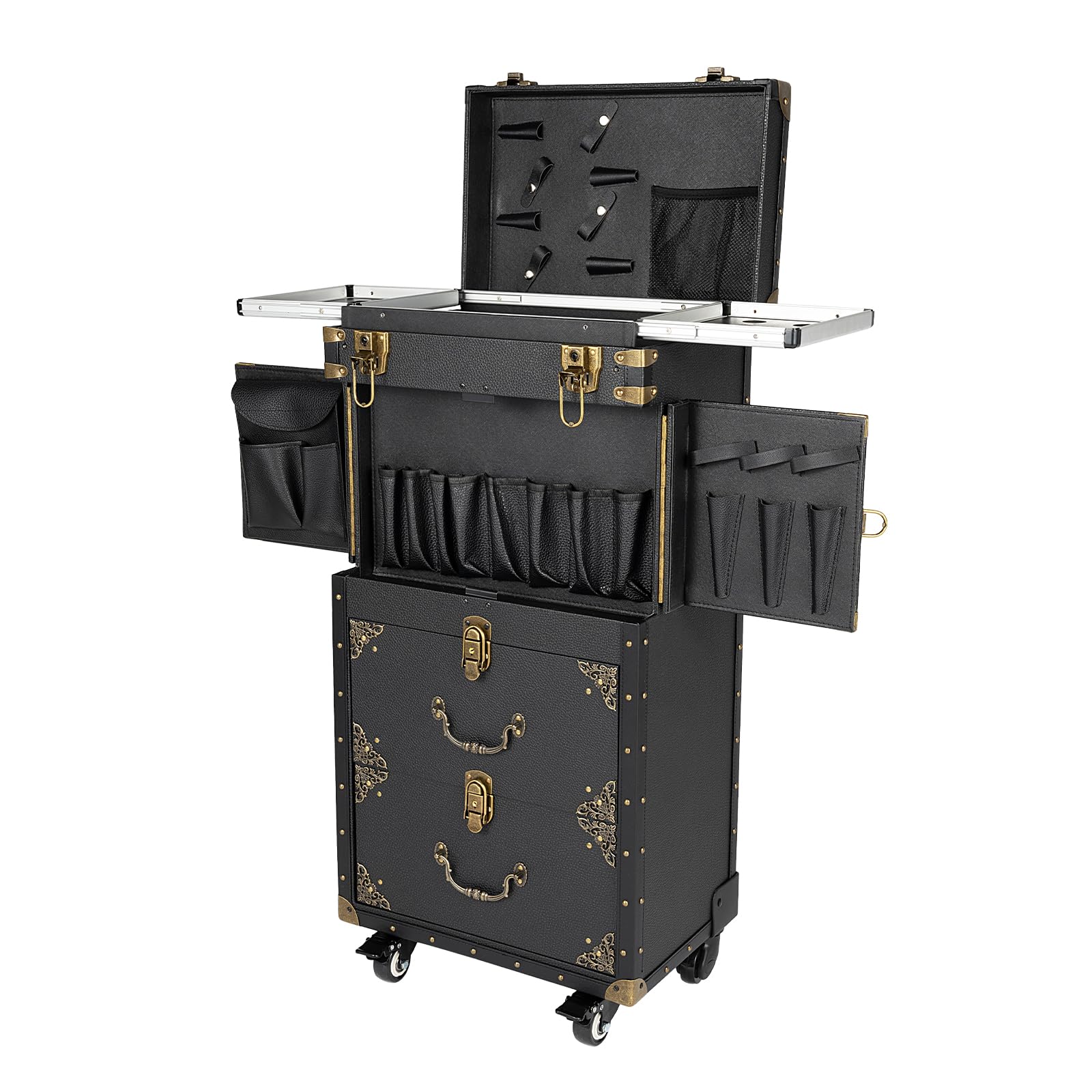 Rolling Lockable Makeup Train Case with Hair Dryer Holder, Beauty Salon Luggage with Wheels Hairdressing Trolley Stylist Beauty Salon Cosmetic Luggage for Makeup Artists Nail Salons Hairstylists