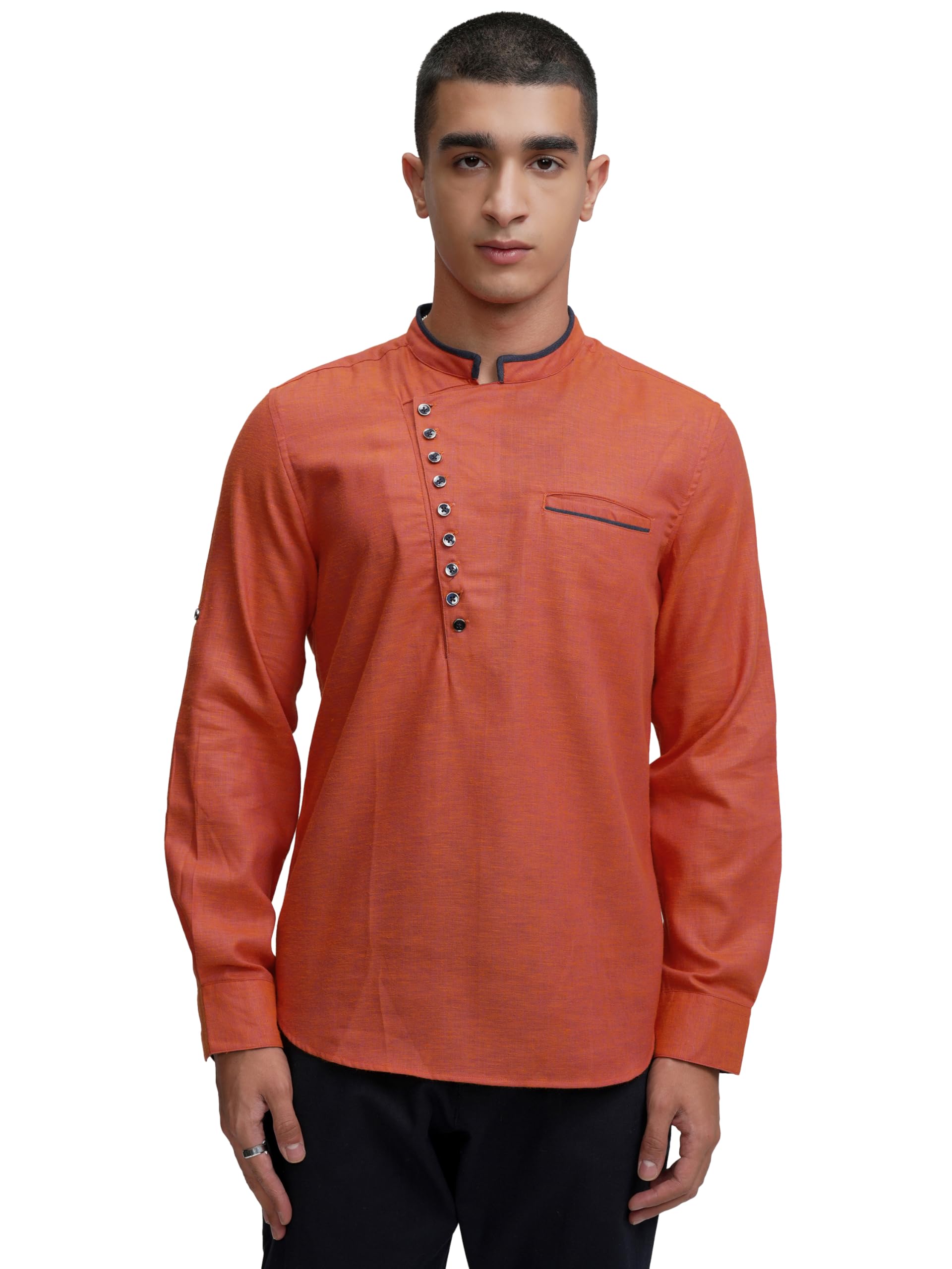 Highlander Men's Coral Pink Angrakha Short Kurta | Stylish Ethnic Wear | Short Sleeves | Shirt for Man | Men Shirts | Casual Shirt for Men in pink