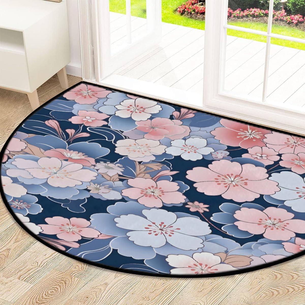 Mexpekil Paillasson japonais motif floral de cerisier en demi-lune pour intérieur et extérieur - Tapis de sol antidérapant - Lavable - Demi-cercle - Attrape la saleté - 100 x 160 cm