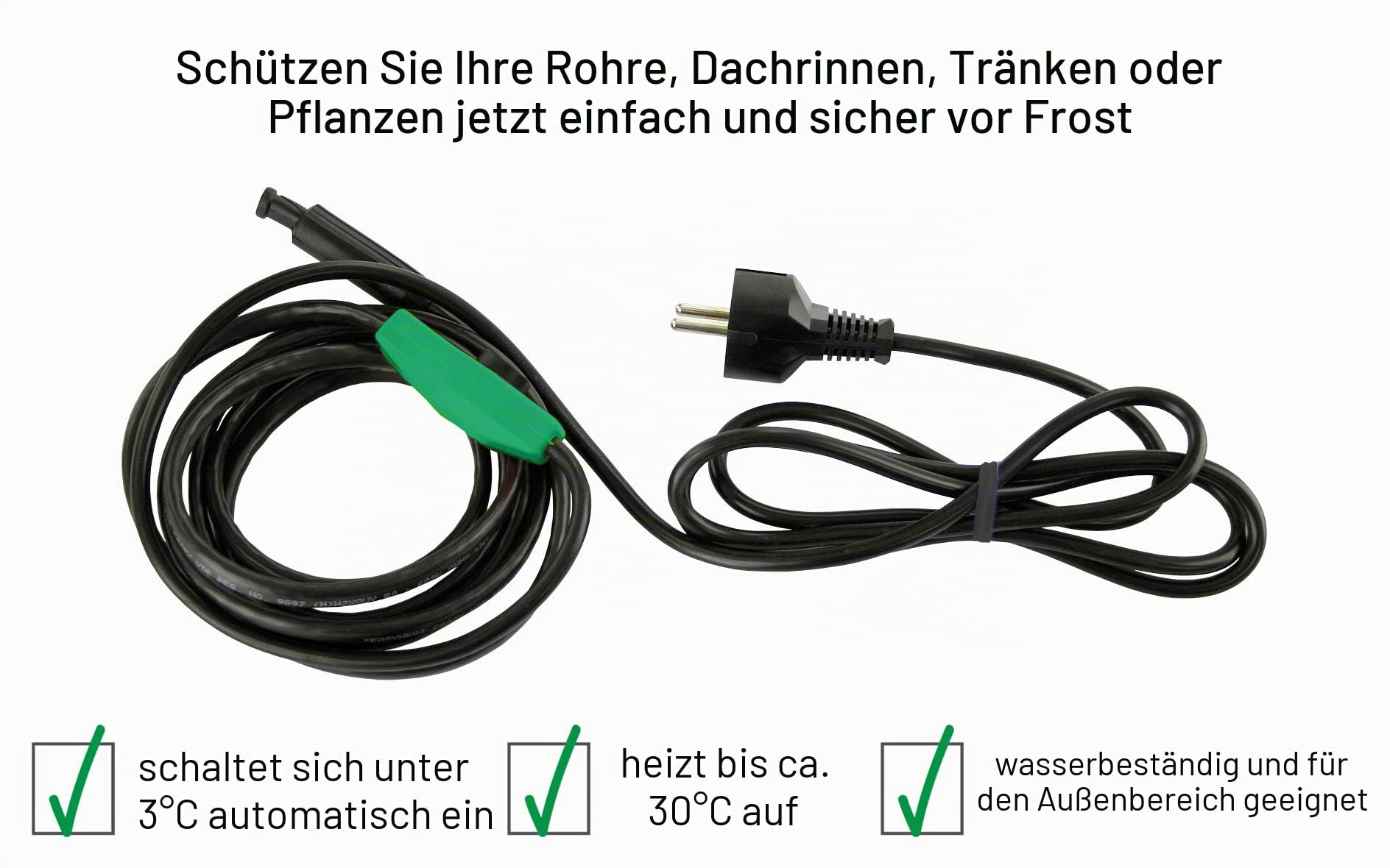 Frostschutz Heizkabel mit Knopf-Thermostat, Pflanzen-Heizung, 4m, 64 Watt, 230V, wasserdichte Heizleitung für Rohre und Pflanzen, Rohrbegleitheizung