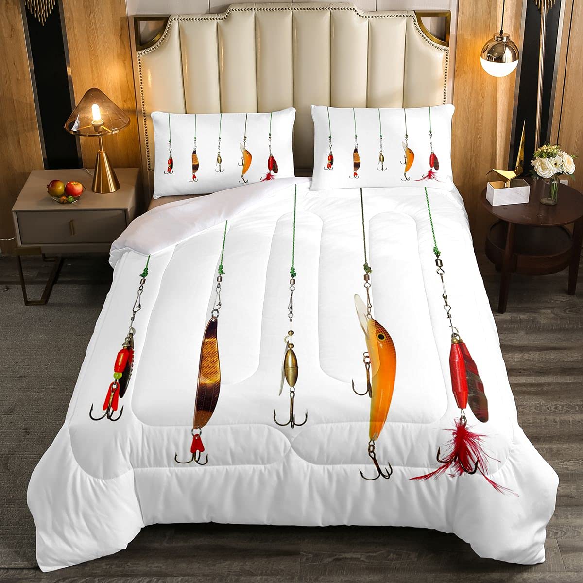 Fishing Bedding Set Kids Various Type Of Fishing Baits Bedding Set Boys Girls Teens Hobby Leisure Passtime Sports White 3Pcs King Size