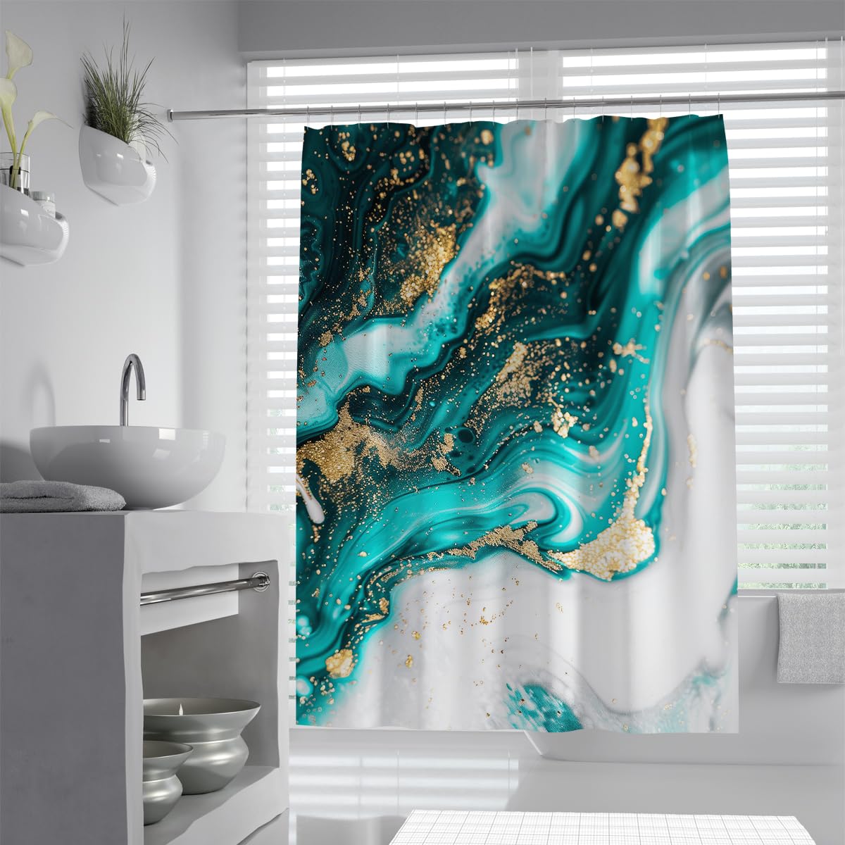 UIRINGART Fluid Art Shower Curtain W150xL200cm Modern Emerald Turquoise Agate Gold Foil Texture Swirl Anti Mould Proof Resistant Polyester Fabric Washable Bath Curtains