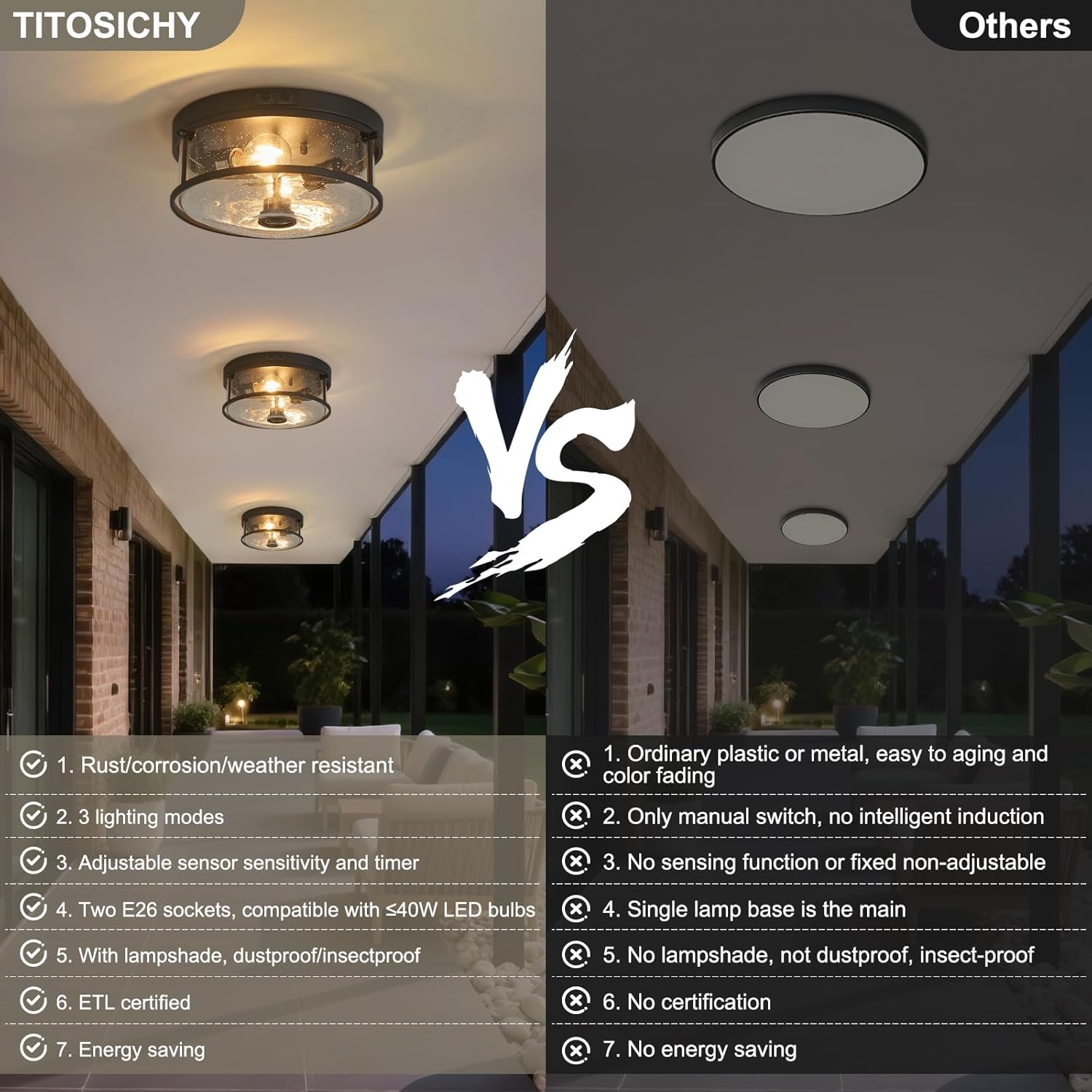 Outdoor Ceiling Light with Motion Sensor, 2-Light Flush Mount Ceiling Fixture, 3 Adjustable Lighting Modes, Flush Light Fixture for Porch, Garage, Entryway, Patio, Bulb Not Included, Matte Black