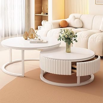 Set of 2 Coffee Table Round White 50+70cm Living Room Table White Round Coffee Table With Storage Marble Side Table Stable Metal Gestle Setting Tables For Living Room Simple Setup For Bedroom Office