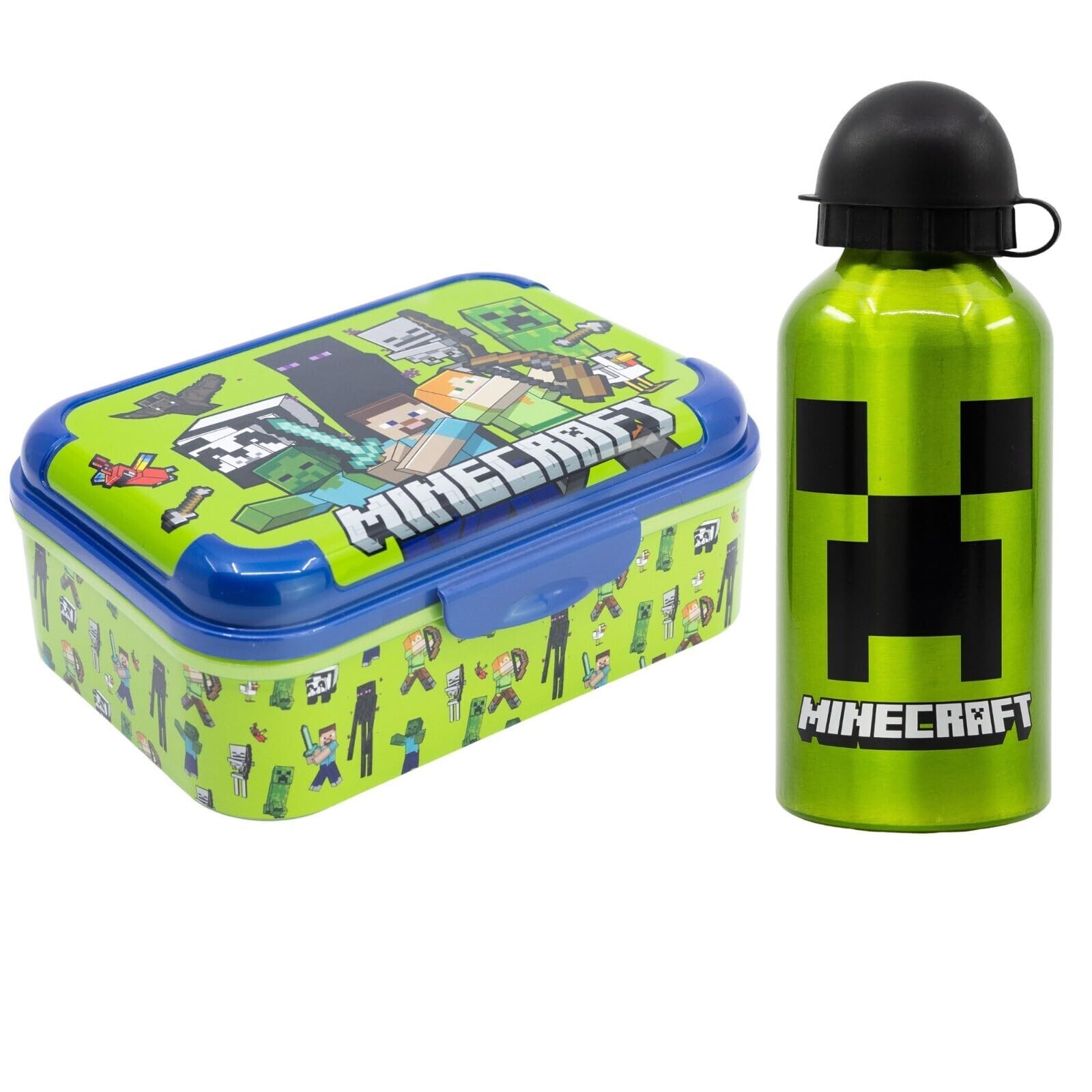 Aymax Minecraft Kinder Lunch Set 2-teilig, Brotdose mit Aluminium-Trinkflasche 400 ml, Steve & Creeper, Pausenbox für Schule, Kindergarten & Ausflug