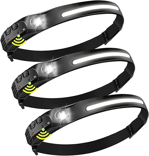 Paquete de 3 faros recargables, lámpara LED recargable, sensor de movimiento alimentado por batería de 2000 mAh, 5 modos, faros superbrillantes para