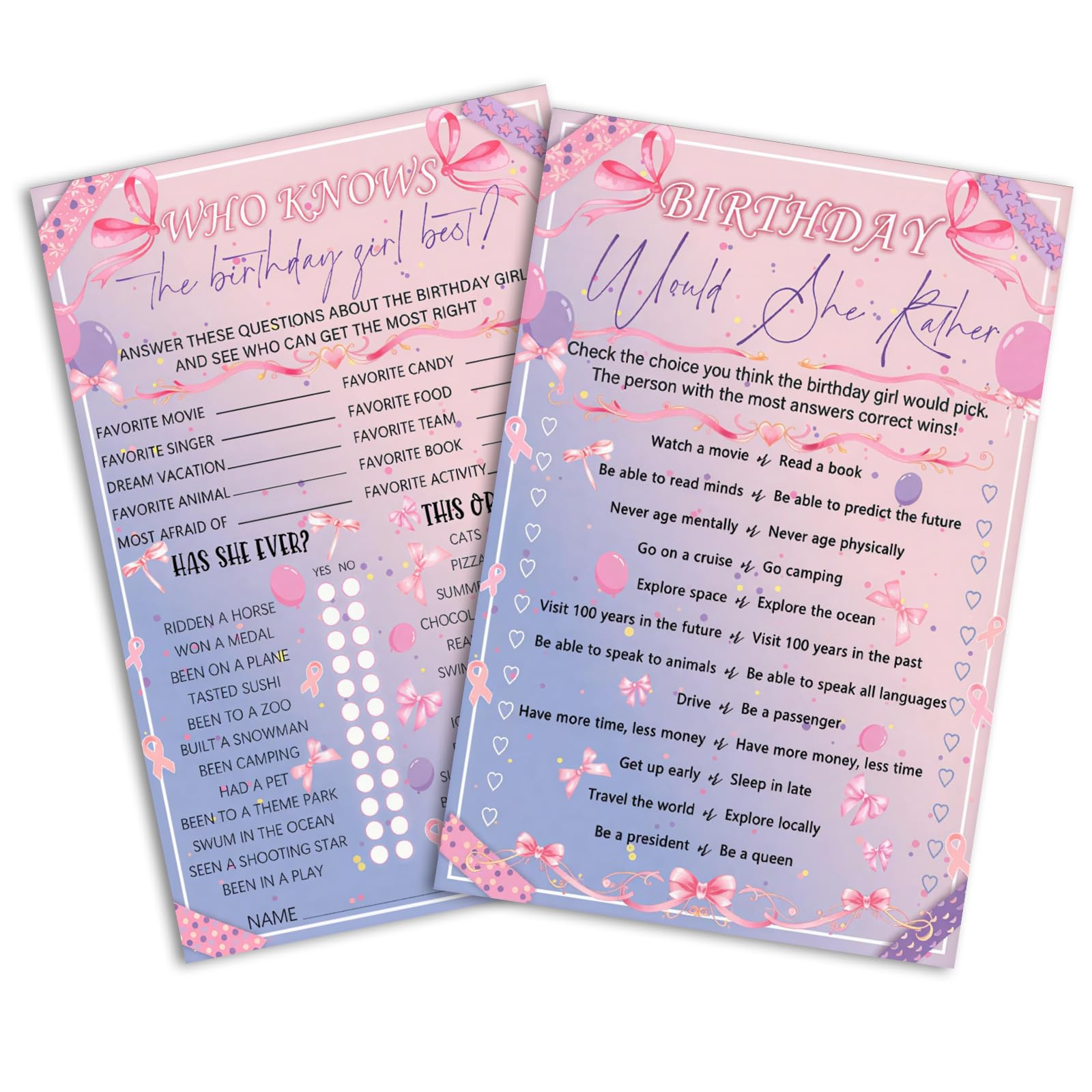 Who Knows The Birthday Girl Best Women Party Game Cards, 30PCS Birthday Game Cards, Double-Sided Game Cards Essential Game Props for Women Sleepover Night Parties Supplies Decorations