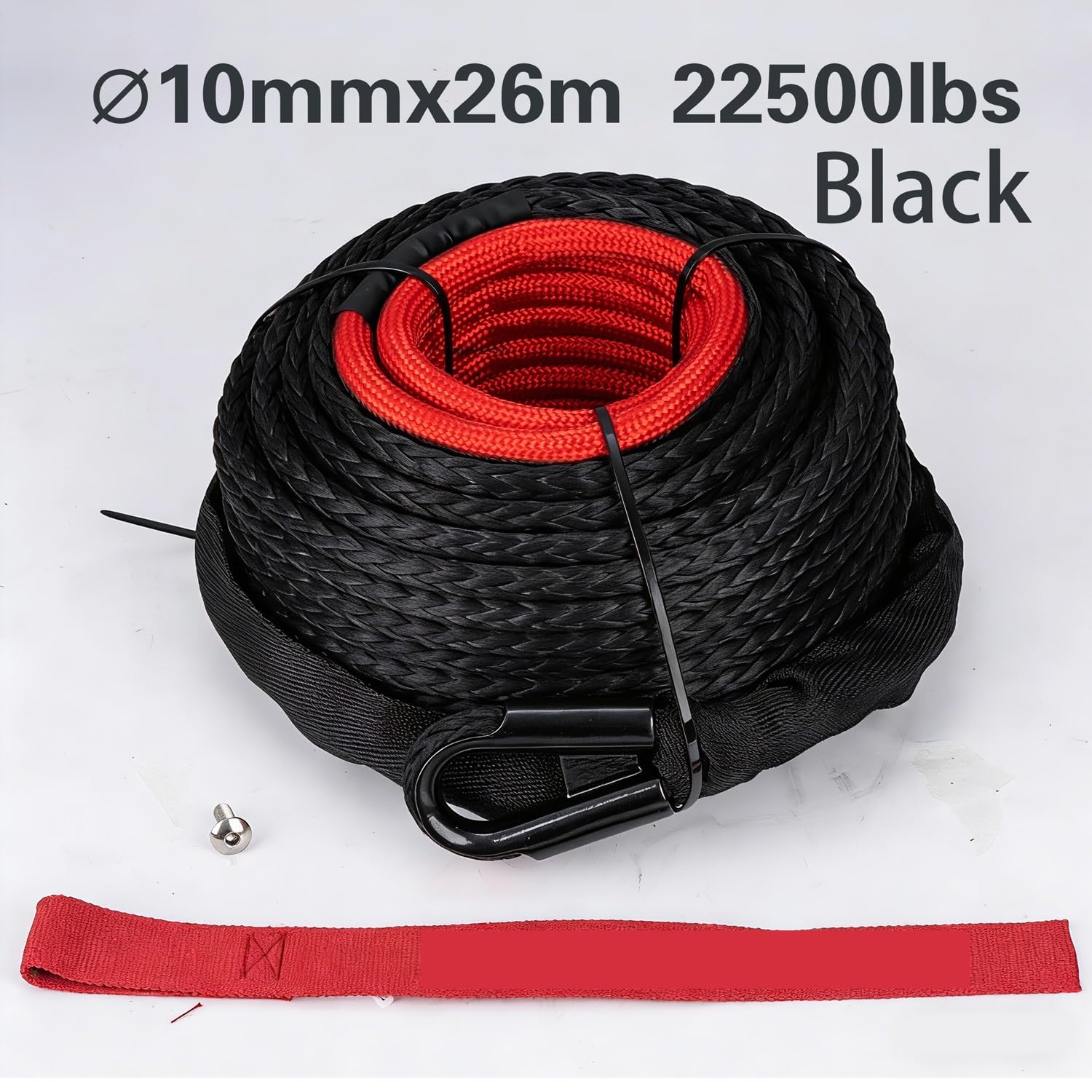 Syntetyczna lina wyciągarki o wymiarach 10 mm x 26 m, 22500LBS z tuleją ochronną, pasek bezpieczeństwa Off-Road 4x4, SUV, ciężarówka Wciągarki elektryczne(Black)