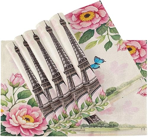 Miniatura 4 de Custom Peach Flowers Romantic Eiffel Tower Table Plate mat Rustic placemats Washable Plastic Set 6 12 x 18 manteles para comedor