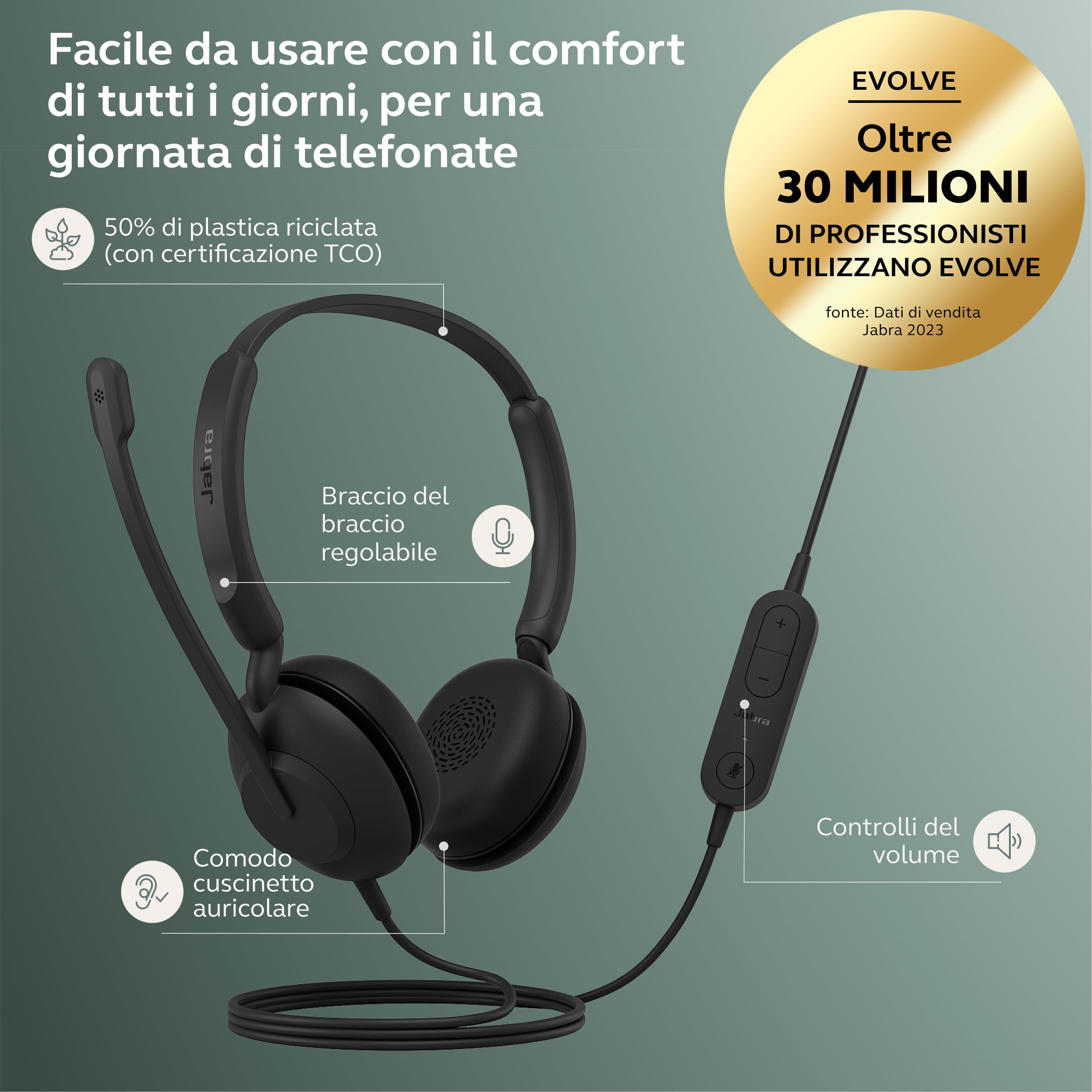 Jabra Novità Evolve 10 Cuffie - con microfono con cancellazione del rumore per PC/laptop - USB-A - Certificazione TCO - Leggere - Controlli per chiamate/volume per riunioni online - Nero