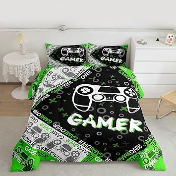 Feelyou Kids Gamer Comforter Set for Boys Teens, Green Gaming Bedding Sets Twin Size Video Game Controller Reversible Quilt Set All Season Home Decor with 1 Pillowcase