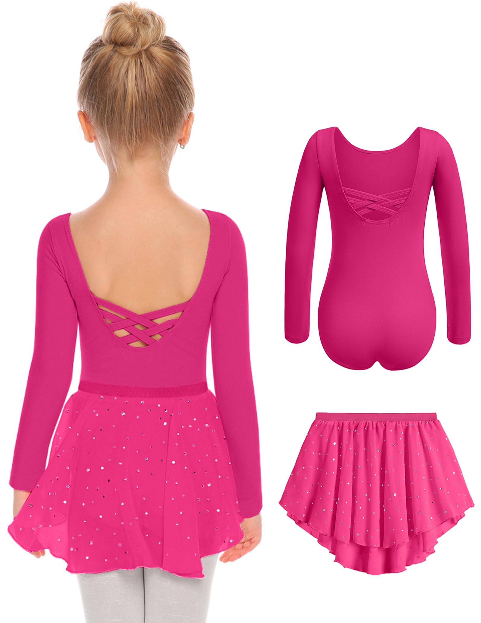 ZaclotreGirls Ballet Leotards Toddler Long Sleeve Crisscross Back Dance Dress Outfit with Removable Shiny Skirt Combo
