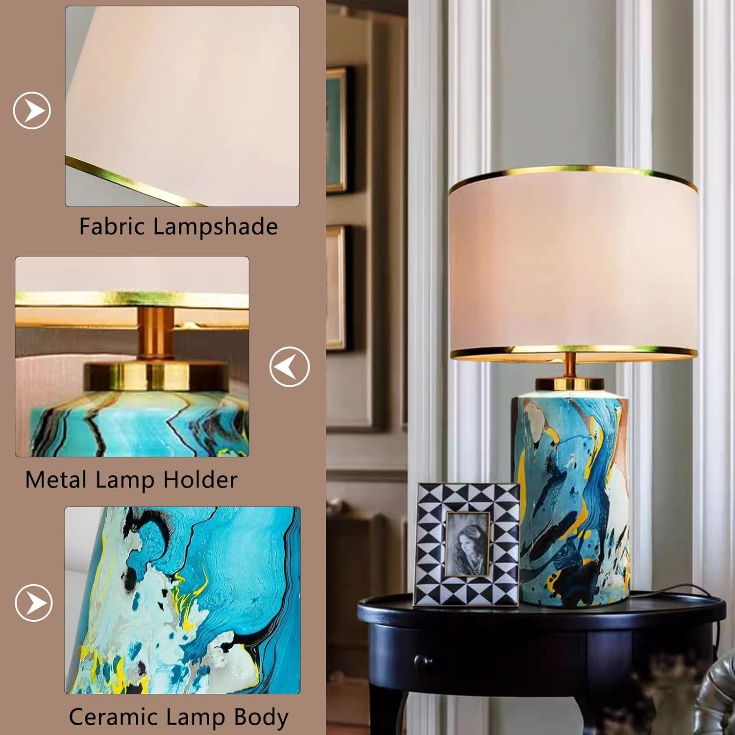 Lampada da tavolo rustica americana, in ceramica con paralume in lino bianco sporco, lampade da scrivania, camera da letto, casa e ufficio