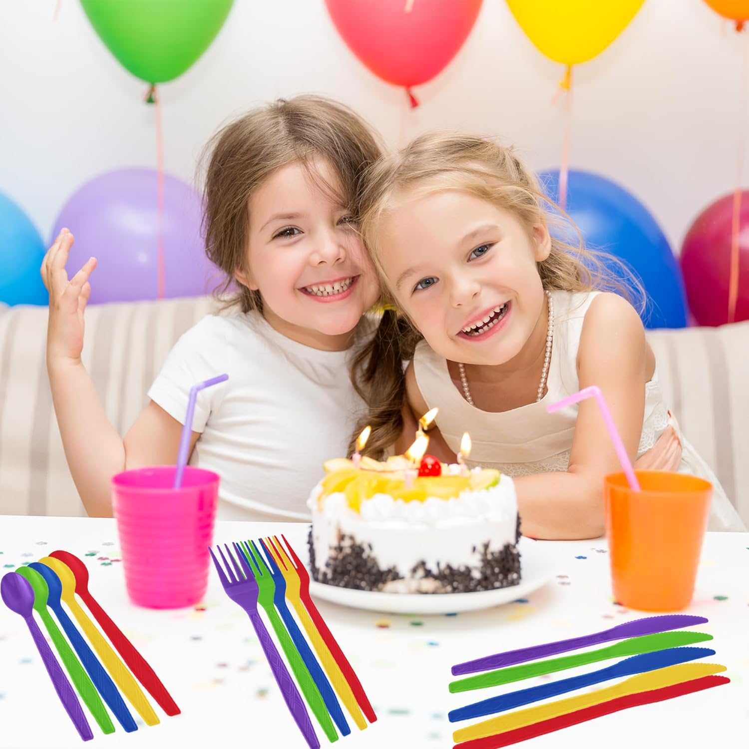 Disposable Rainbow Plastic Sierware Set | Neon Cutlery, Fork, Knife And