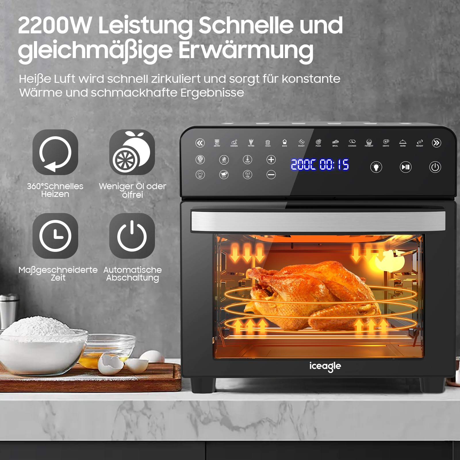 Iceagle Friggitrice ad Aria 15 Litri - 13 in 1 Forno Air Fryer XXL 2200 W Double Résistance, Friggitrice Senza Olio, Touch Screen, Timer e Temperatura Regolabili, Essiccatore e Funzione Fai da te