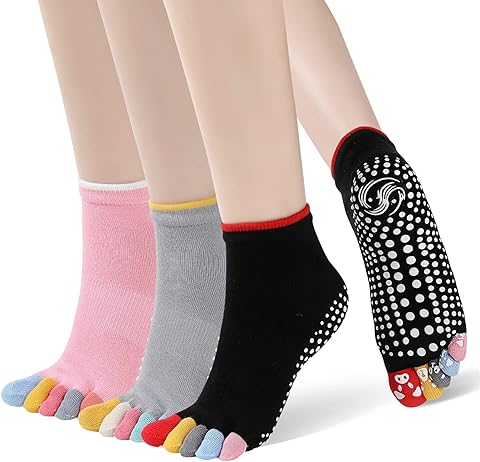 PUTUO Calcetines de Yoga con Dedos para Mujer: Calcetines de Pilates Antideslizantes para Mujer Calcetines Deportivos de Algodón de Cinco Dedos para Fitness Ballet Talla 36-43 3 Pares