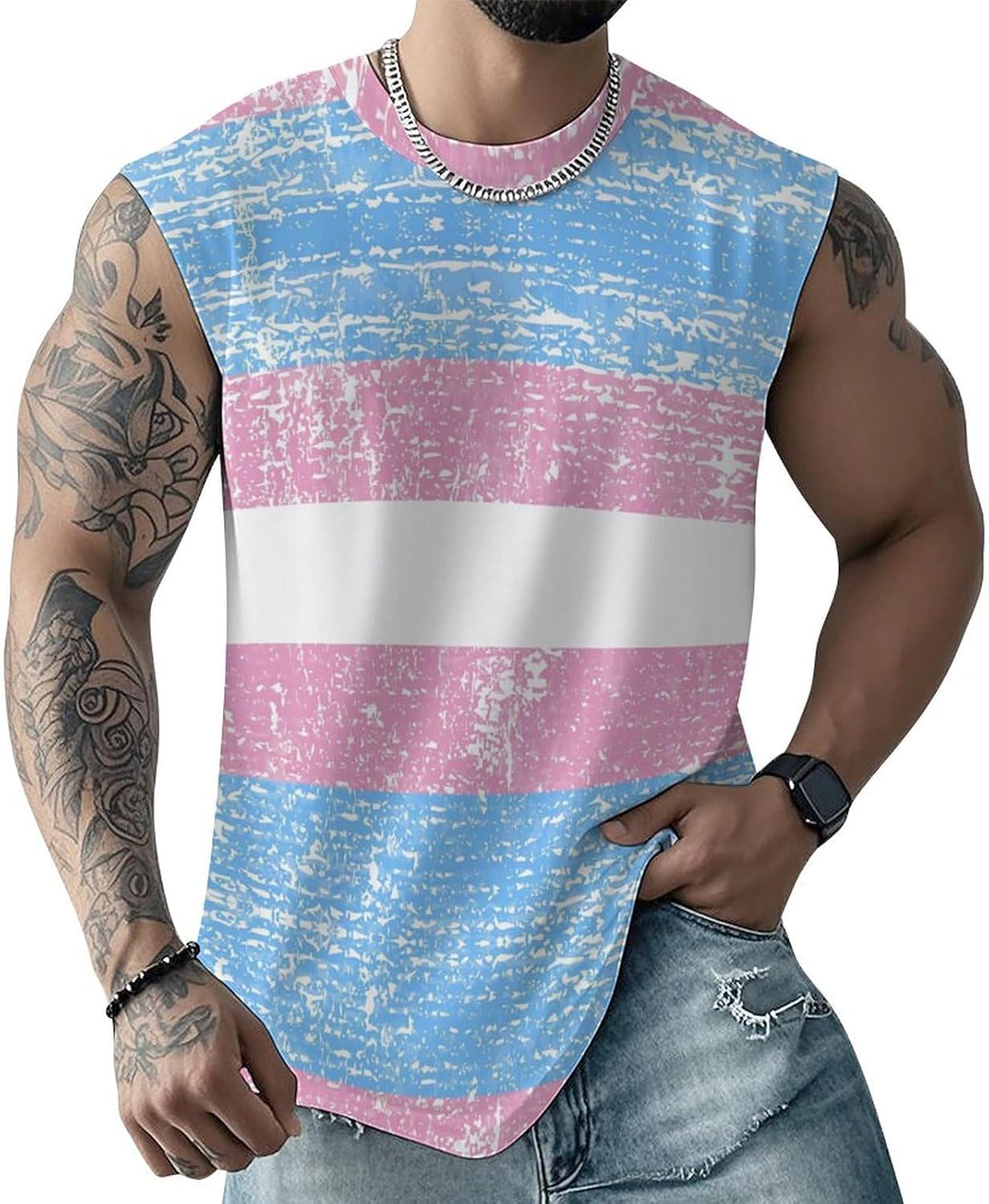 Zakqeik Transgender Pride Flag Workout Tank Tops for Men Shirts Sleeveless Muscle Shirts Athletic Training Sports