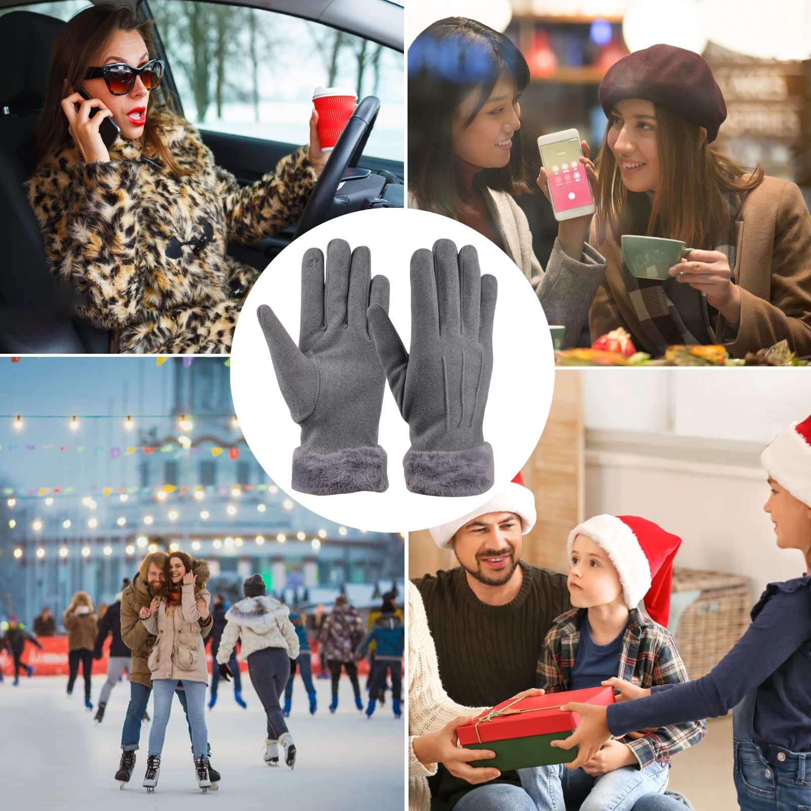 Guantes de Invierno Mujer, Guantes para Pantalla Táctil, Guantes Cálidos para Deportes al Aaire Libre, Guantes Prueba de Viento con Forro Polar para Conducción Esquí Ciclismo Camping (Gris)