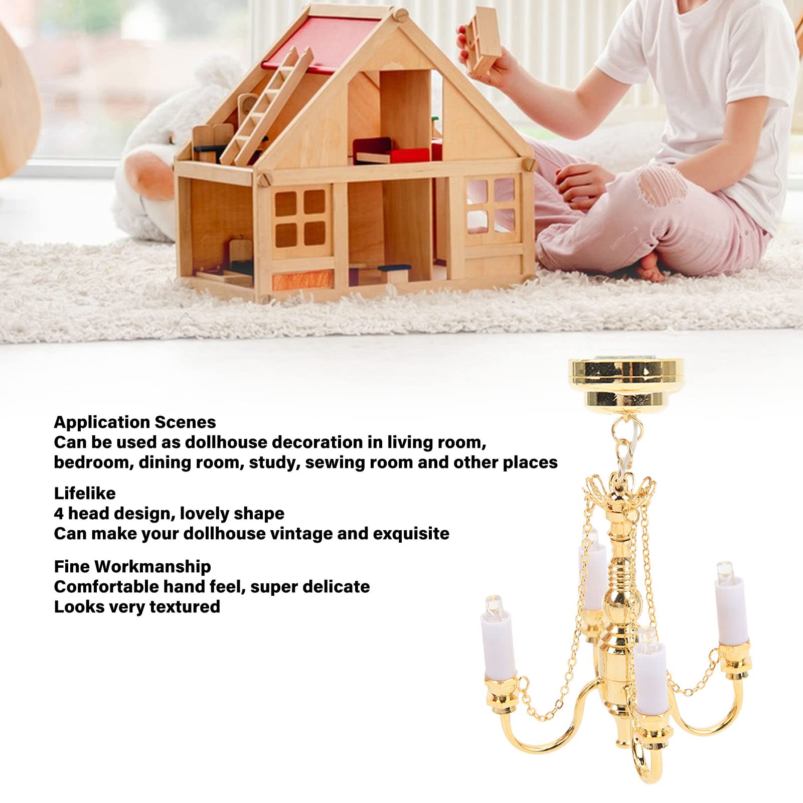 Fockety Lampadario In Miniatura Per Casa Delle Bambole Scala 1/12 - Plafoniera Lusso A LED Con Batteria, Luce Soffitto Vintage Oro
