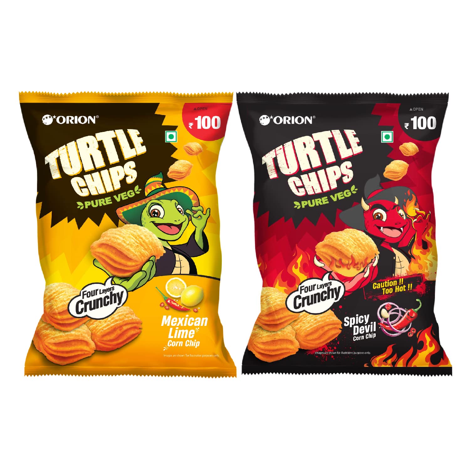 Orion Turtle Chips Party pack (Pack of 2) Mexican lime & Spicy Devil flavors100 vegKorean