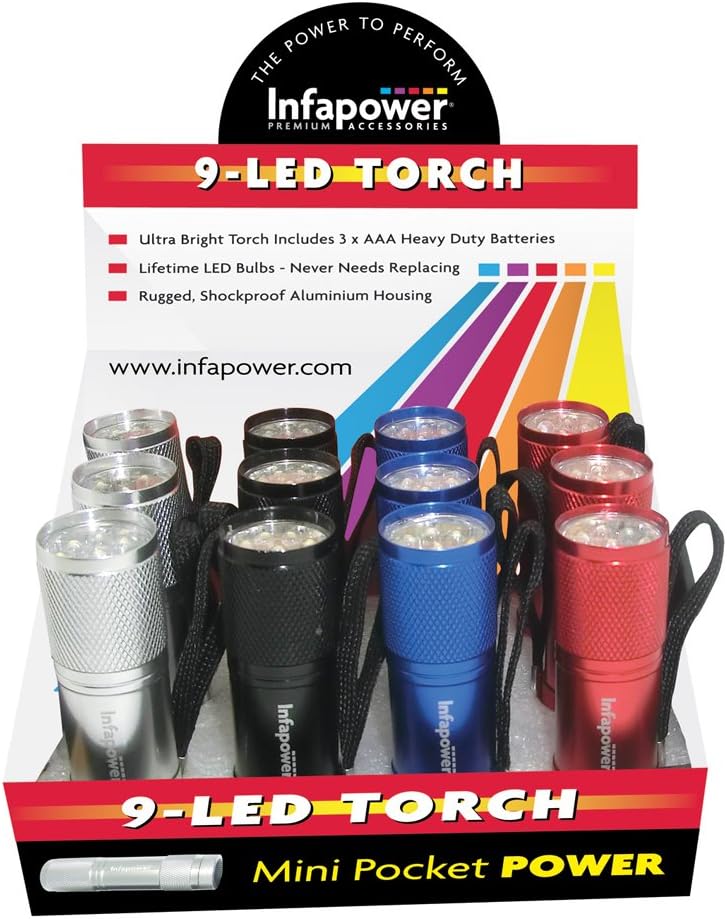 Infapower F006 9-Led Mini Pocket Torch - Pack of 12,Red,silver,black