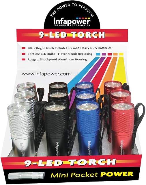 Infapower F006 9-Led Mini Pocket Torch - Pack of 12,Red,silver,black