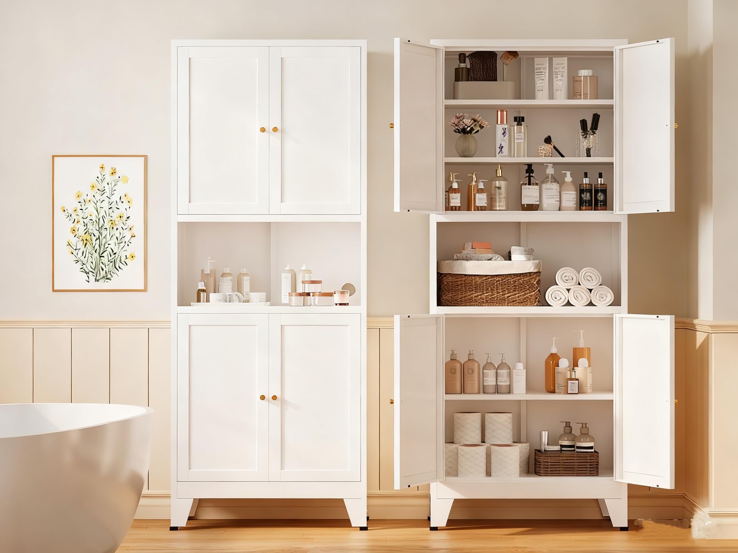 XIOMIOHTRQ Metal Storage Cabinet, 69" Tall Bathroom Cabinets with 4 Doors & 3 Adjustable Shelves Large Cupboard, White Metal Pantry Cabinets for