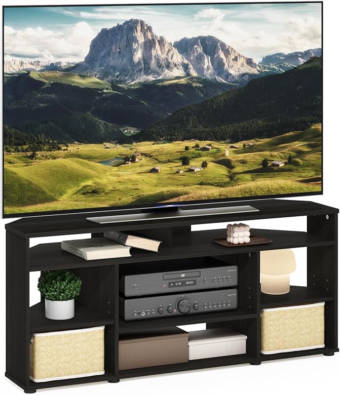 Furinno Jensen TV Stand, 4-Tier Corner Entertainment Center with Storage Shelf, TV Console for TV up to 55 Inch, Open Back, for Living Room, Bedroom, Espresso