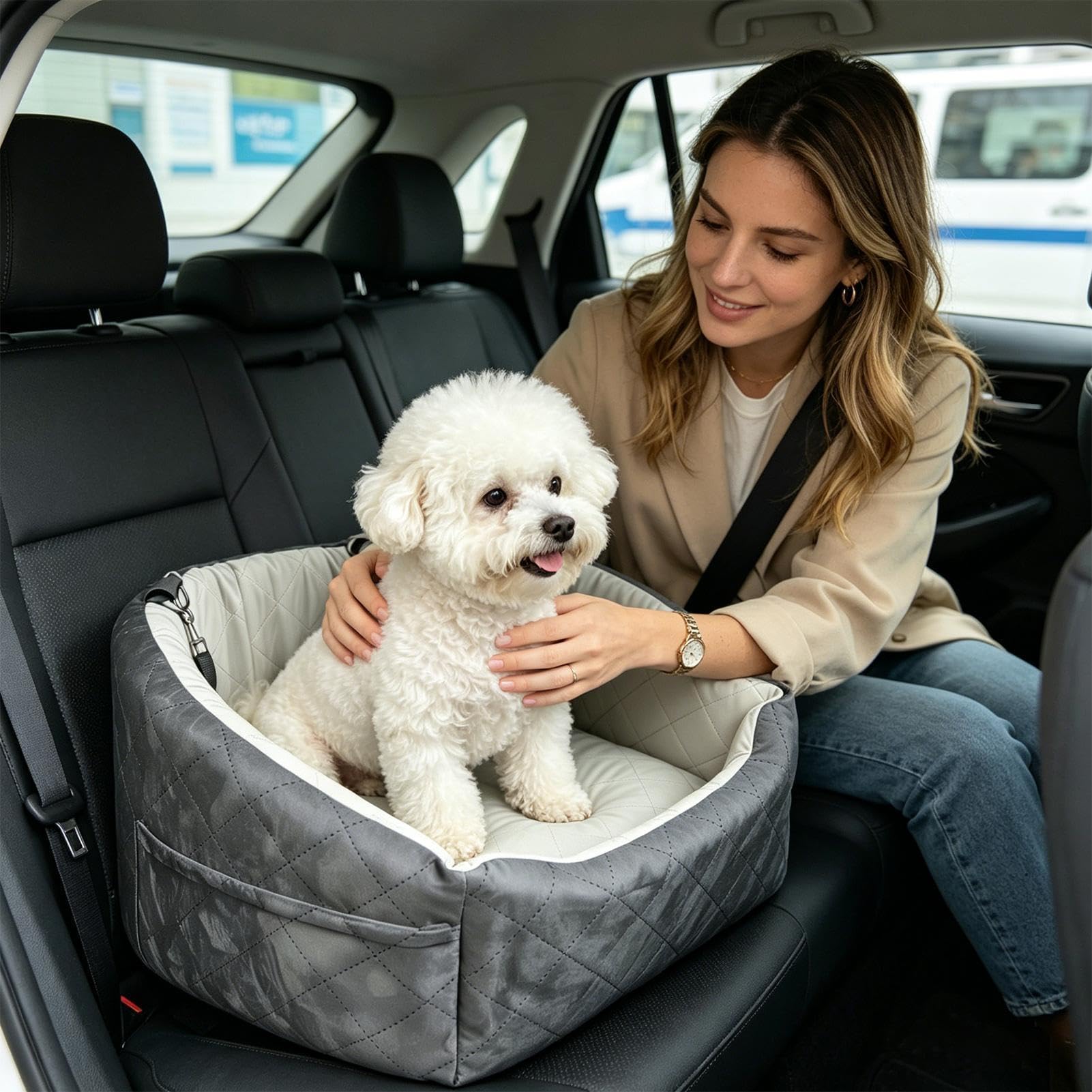 Asiento De Coche Para Mascotas con Bolsillo para Cinturón y Base | Elevador Trasero Para Perros para Cachorro Gato Mascota Pequeña Mediana SUV Berlina Furgoneta Vehículo