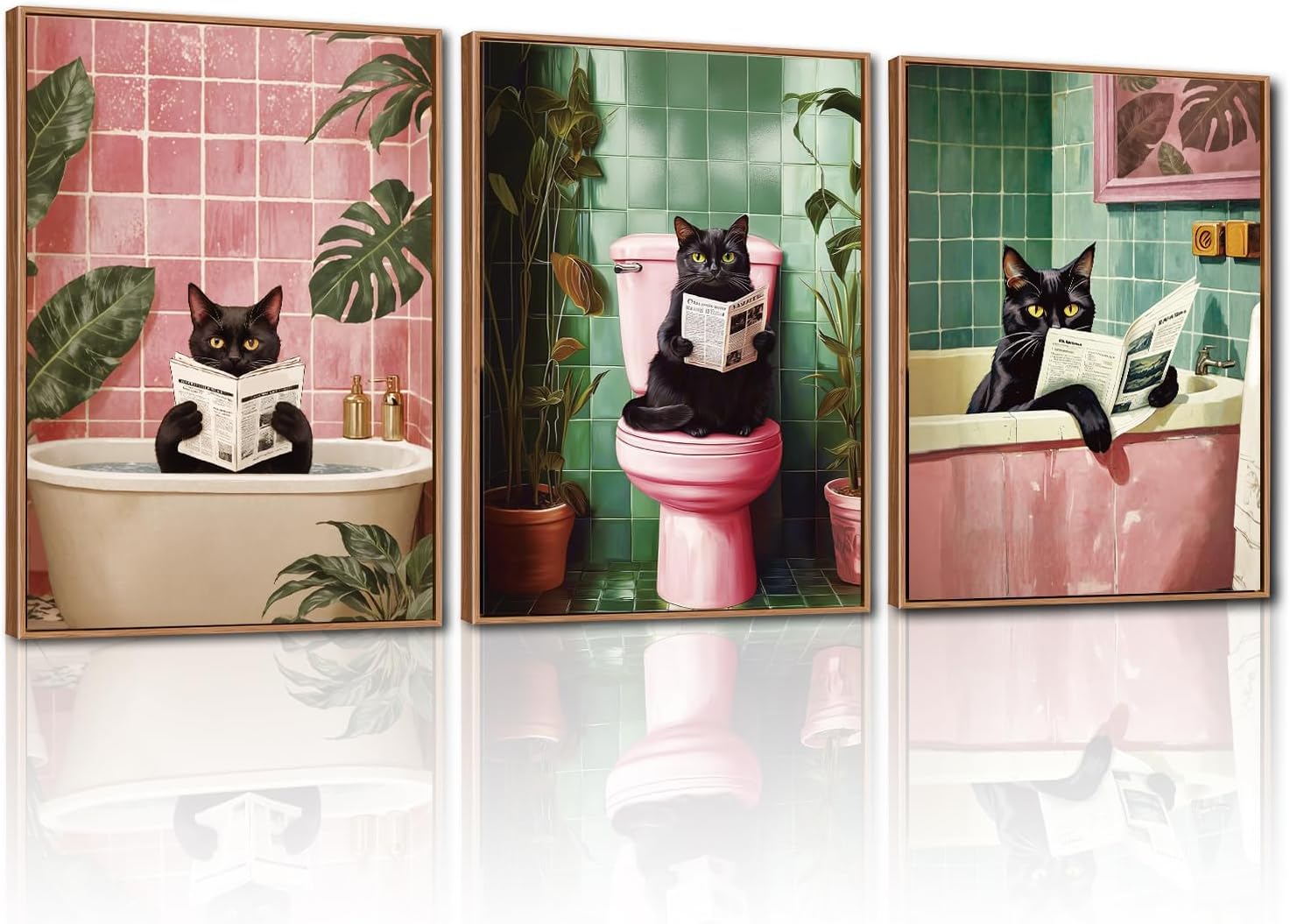 TOARTi Bathroom Black Cat Framed Canvas Wall Art Set, Funny Bathroom Wall Decor, Pink Green Toilet Artwork Black Cat Toilet Wall Painting, Tropical Art Prints Modern Home Decor - Large Size 16"x24"x3 โ image 1