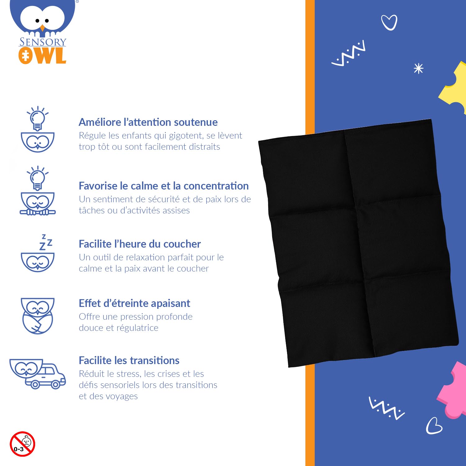 Coussin Lesté Coussin Pondéré pour Genoux Thérapeutique en Coton Tissu Minky pour Enfants Adultes Réduction du Stress 30 x 40 cm 2 kg Noir Gris