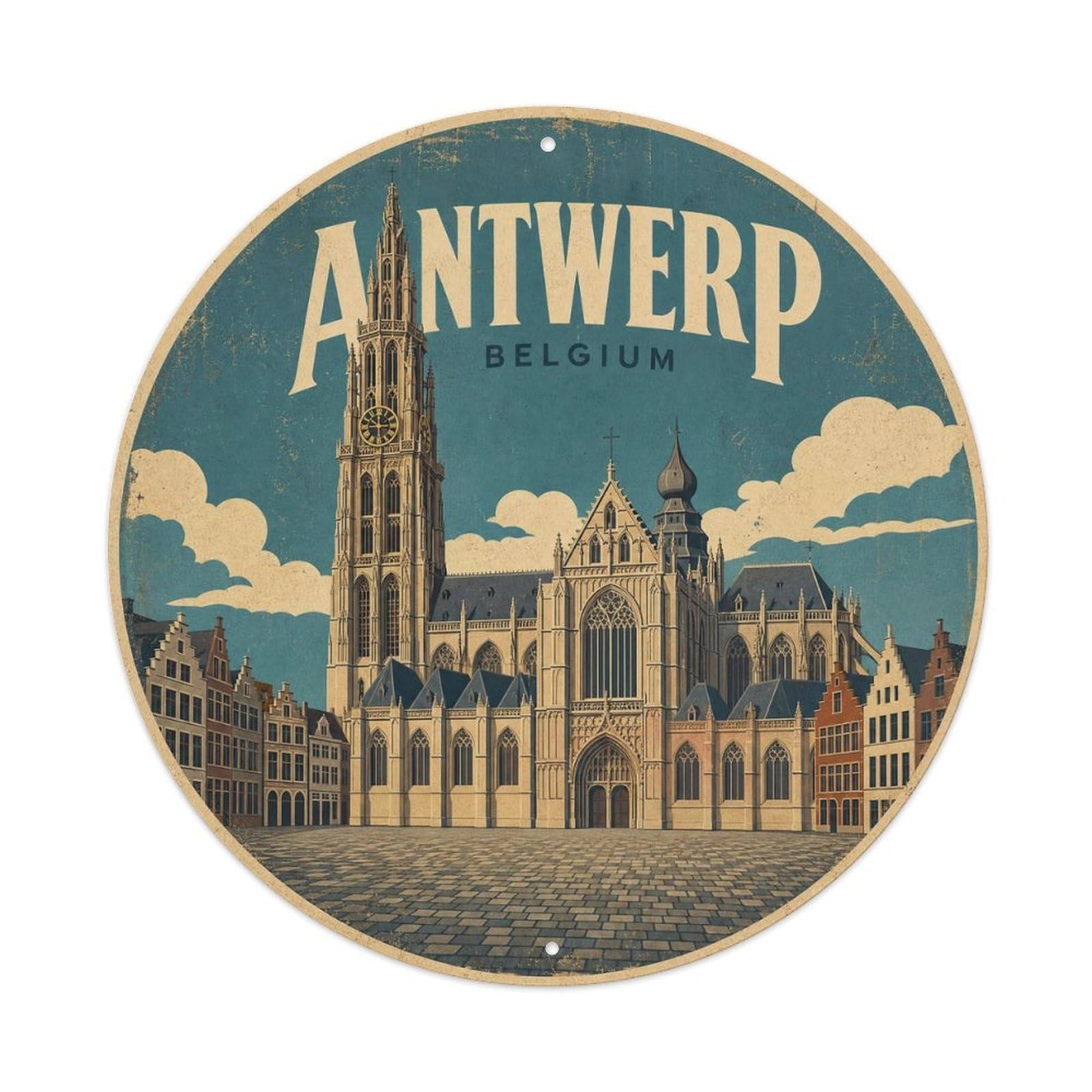 Travel Vintage Belgium Antwerp Vintage Metal Tin Sign Plaque Wall Decor for Cafe, Club Bar, Office, Garden Metal Poster 8x8Inch