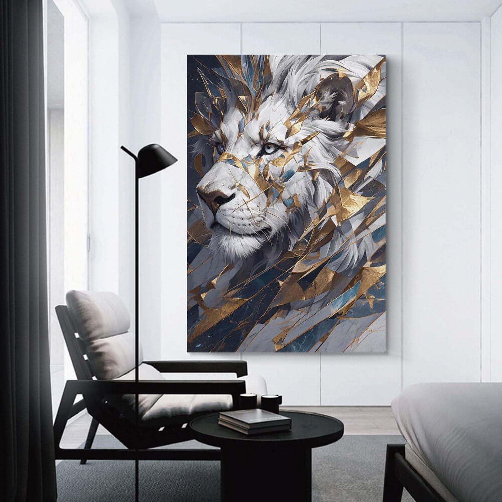 Junmoney Room Decor Wall Art Abstract Lion Portrait with Gold Accents, 16x24inch(40x60cm), for Workspace Walls, Study Corners Or Bedrooms, A Smart Decor Choice for Study Walls
