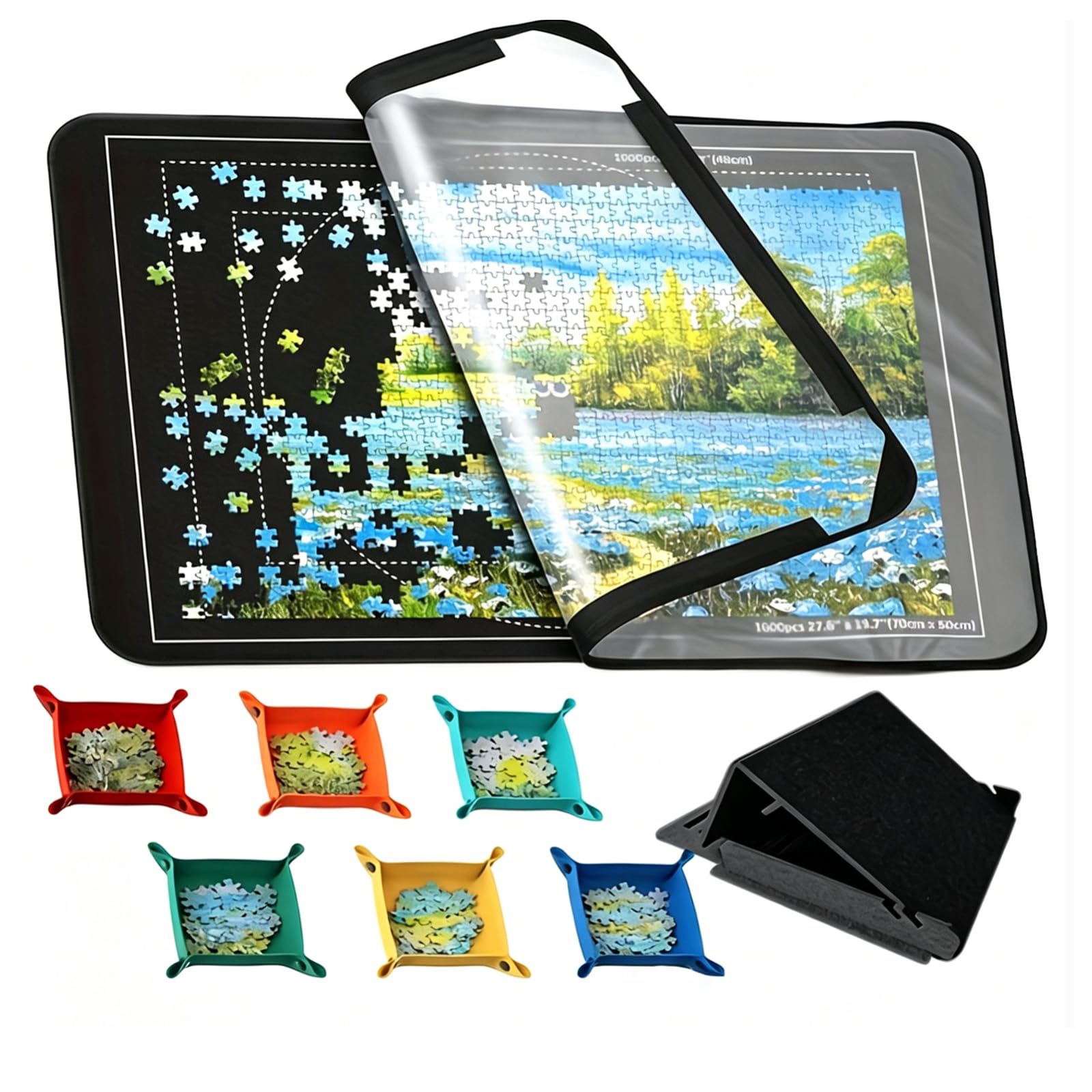 Jigsaw Puzzle Board with Stand & 6 Trays,Large 32"x22" Felt Puzzle Mat for 1000 Pieces,Adjustable Puzzle Table with Dust Cover,Portable Storage Board for Adults