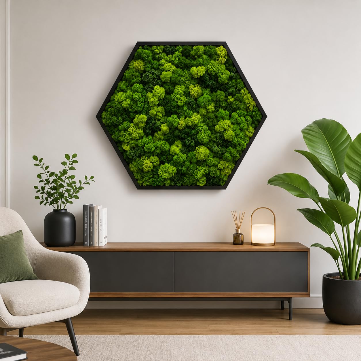 Quadro Esagonale Verde Stabilizzato con Muschio e Licheni Naturali - Decorazione Vegetale di Design per Casa e Ufficio - Senza Manutenzione (Esagonale 80x80 cm, con Cornice)