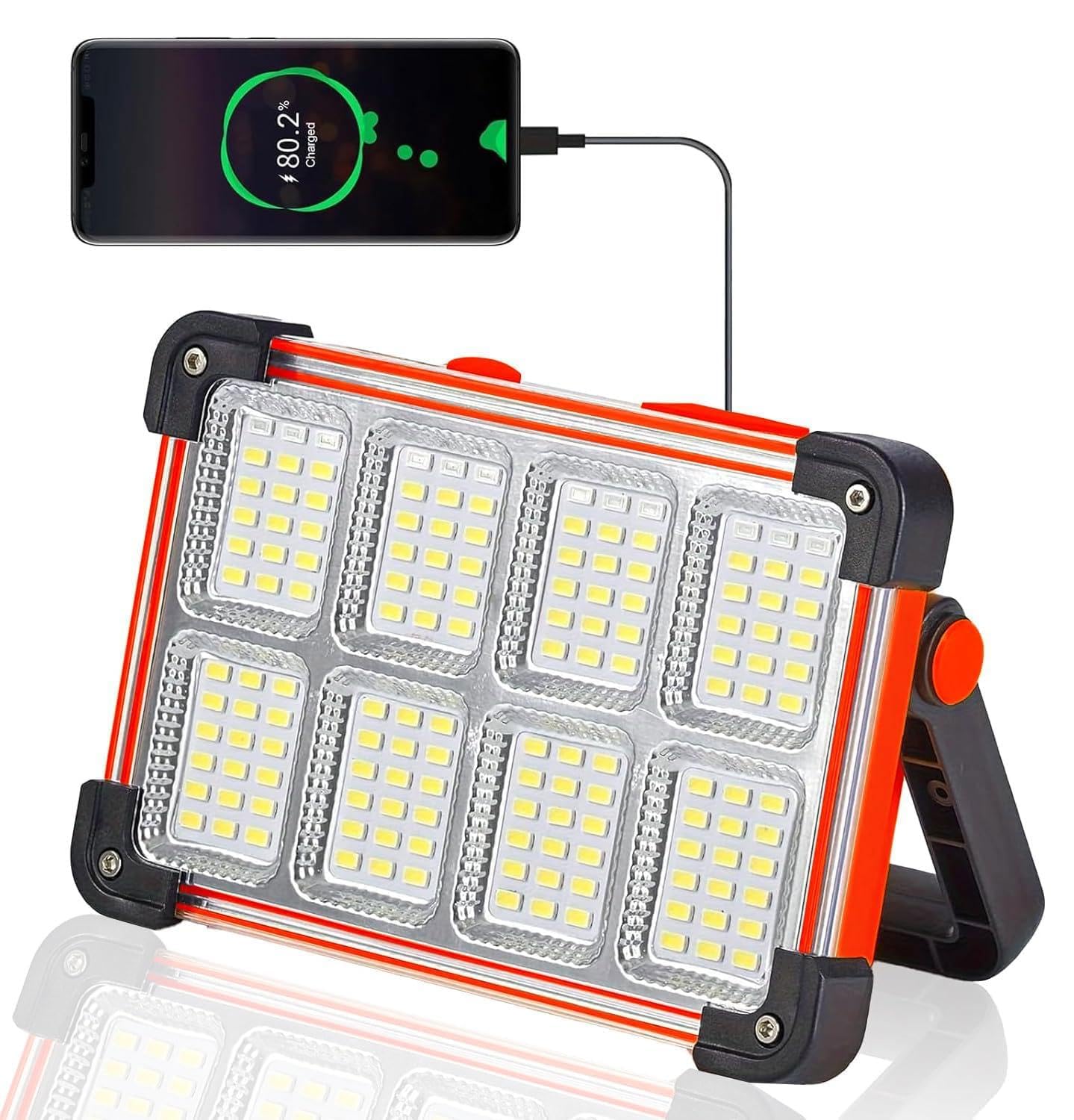 Photo 1 of 120W LED Solar Work Light, 144 LED 10000LM Portable Flood Light with Stand, Orange 4 Modes Rechargeable, IP65 Waterproof Outdoor Working Light for Camping, Fishing, Car Repair & Mechanics (Red)