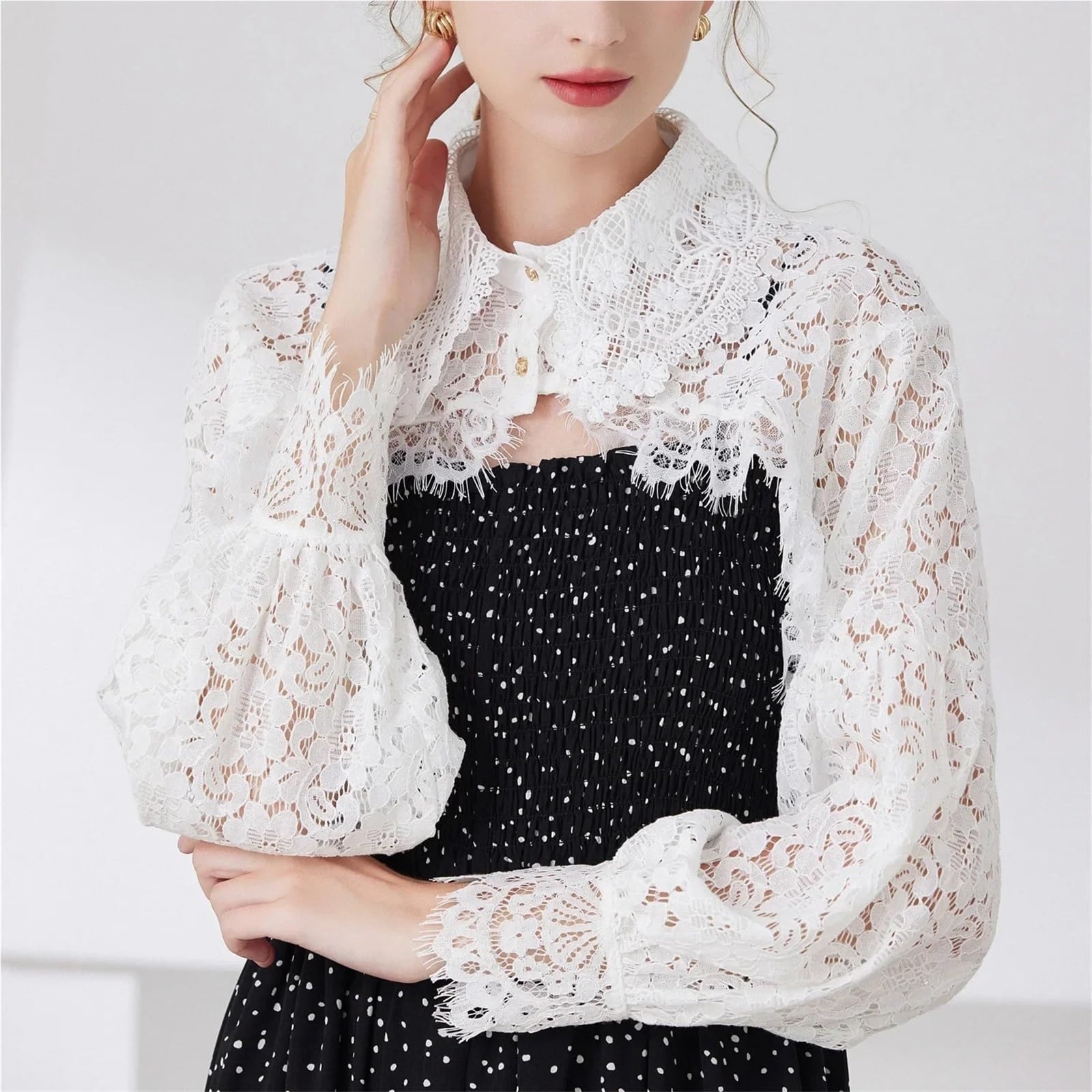 1 Pz Donna Manica Lunga Collare Finto Femminile Risvolto Bottone Imbottiture Mezza Top Camicetta Camicia Colletto Staccabile Autunno Maglione Falso per Maglioni