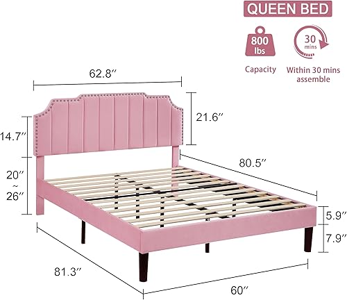 Miniatura 30 de VECELO Base de cama tamaño Queen tapizada con cabecera ajustable copetuda/base de colchón con soporte de listones de madera, fácil montaje, azul