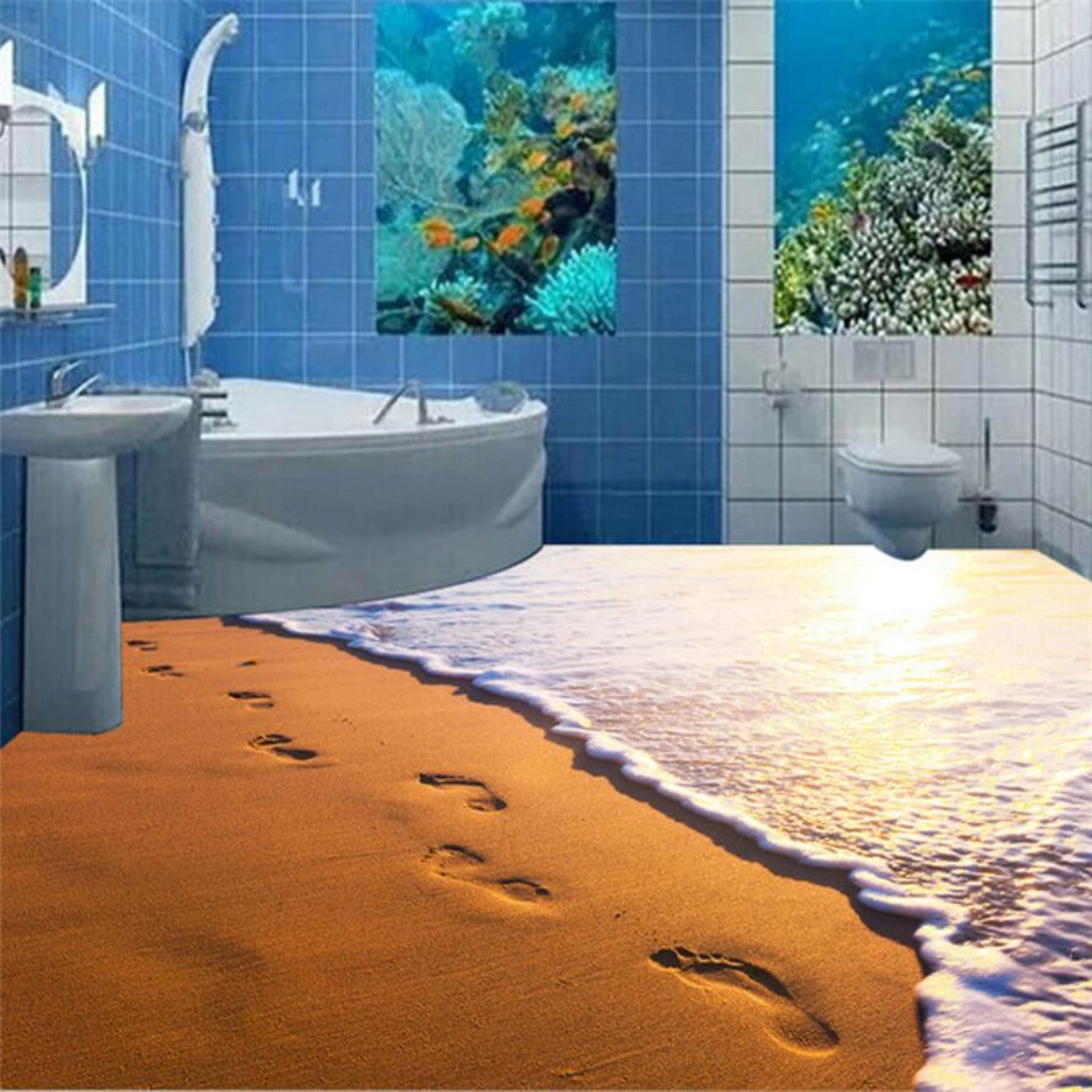 Calcomanías De Pared De Piso 3D Calcomanías Murales Extraíbles3D Piso Pegatinas De Pared Calcomanías Murales Extraíbles Personalizado Anochecer Playa Huellas Baño 3D Estéreo Impermeable Anti