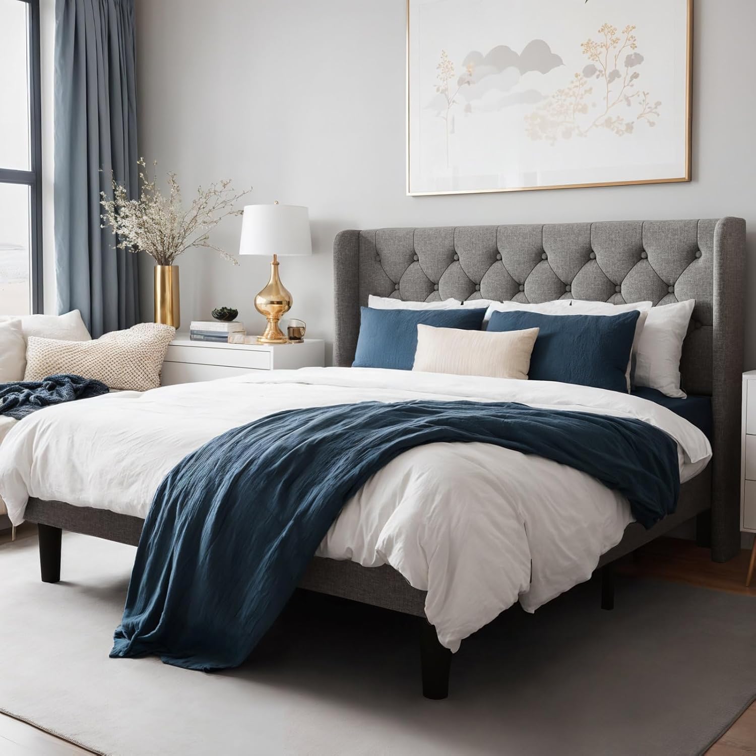 HITHOS Solid Wood Modern Upholstered King Size Bed Without Storage for Bedroom Living Room Home Wooden Double Bed Low Height Cot Bed with Upholstery Headboard (Light Grey)-image-8
