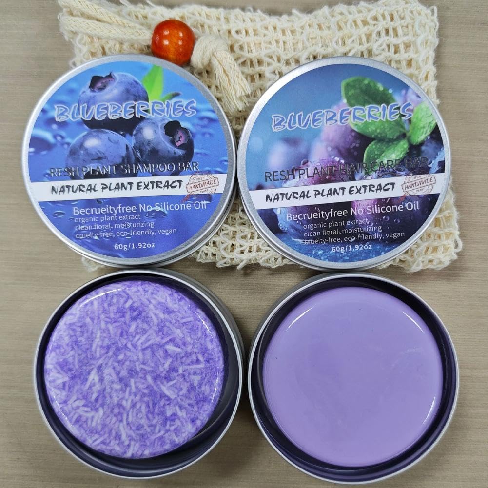 Blueberry Fields Shampoo Conditioner Bar Natural Blueberry Fields Soap Bars for Thinning Dry Hairs AntiDandruff Reduces Fall Out Promote Hair Growth Women Men All Solid Hair Care (blue 1set) image 2