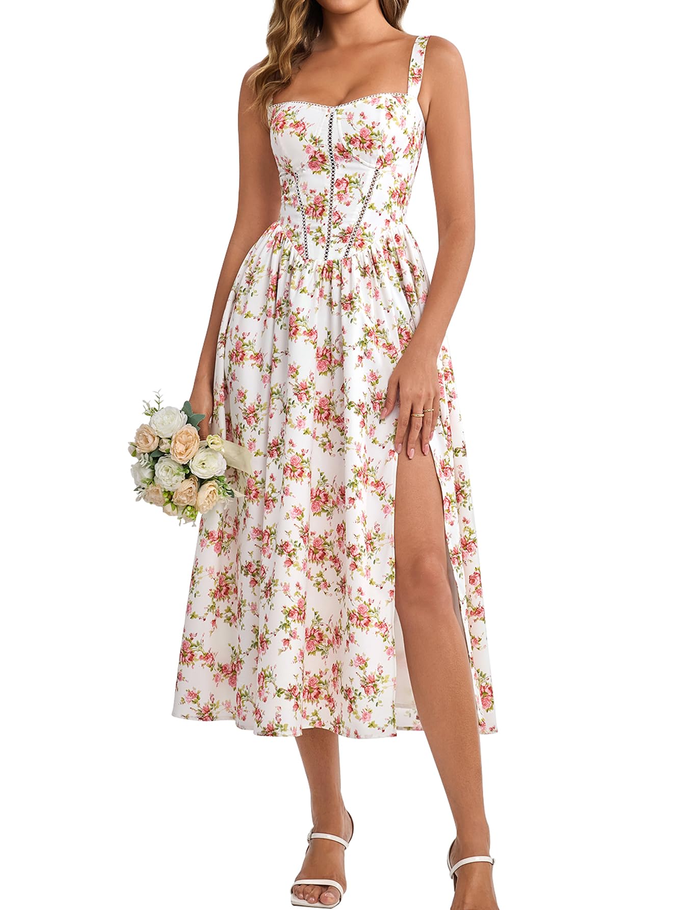 KUTUMAI Summer Floral Corset Midi Wedding Guest Dresses for Women | Slit Flowy Sundress with Pockets, Idea for Garden Tea Party Engagement Bridal Shower Fancy Cottagecore Milkmaid