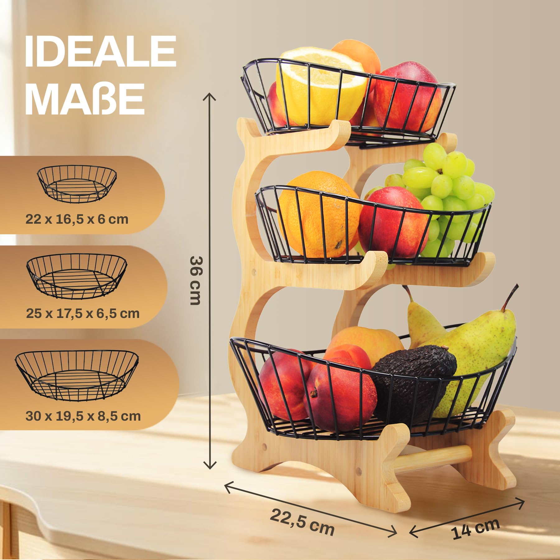 Obstkorb Etagere 3 Etagen aus Holz – Design Obstschale für die Küche, Schwarz