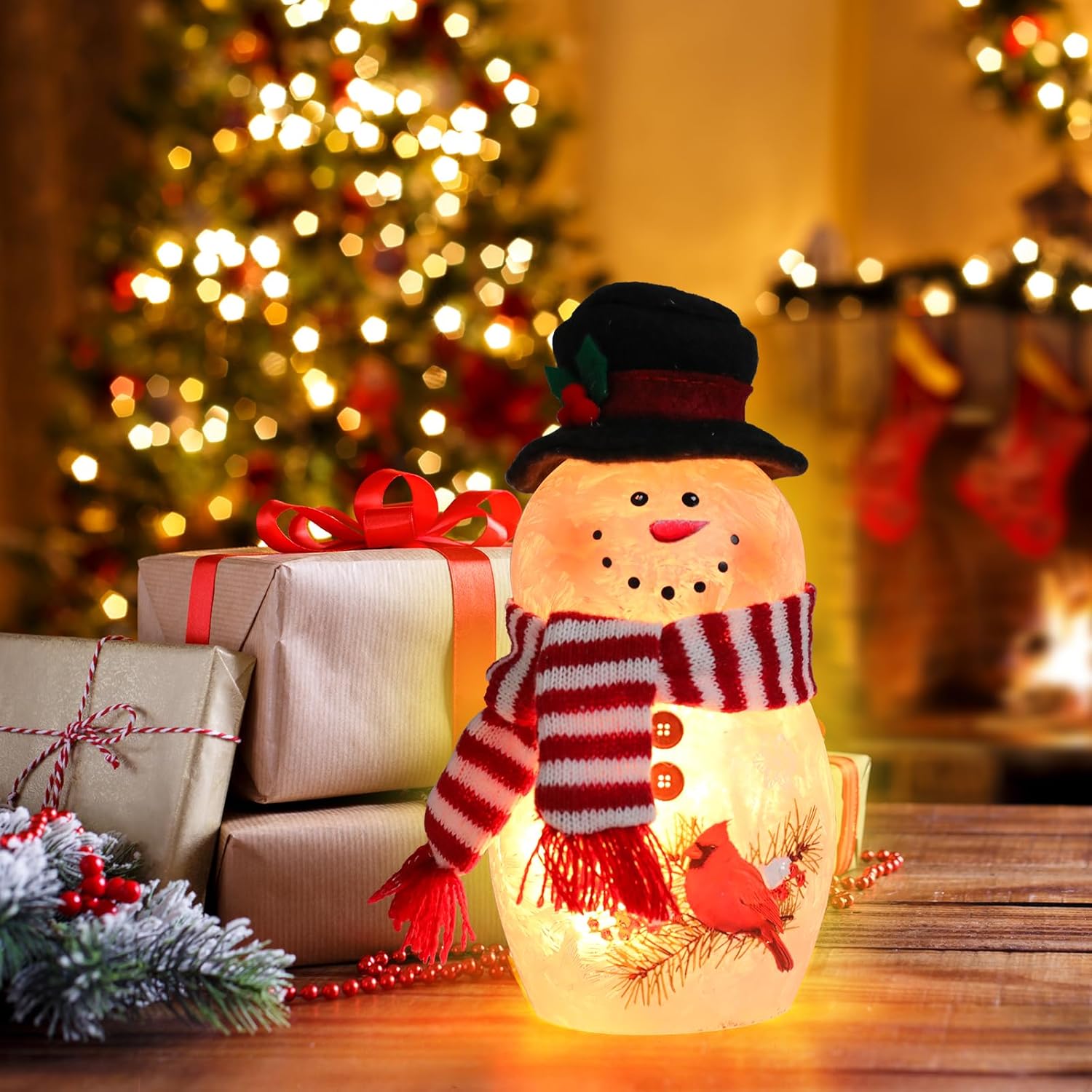 Vigdur Lighted Christmas Snowman Lamp, Cute Glass Snowman Night Light with Hat and Scarf, Tabletop Christmas Decorations for Xmas Bedroom Party Holiday Décor
